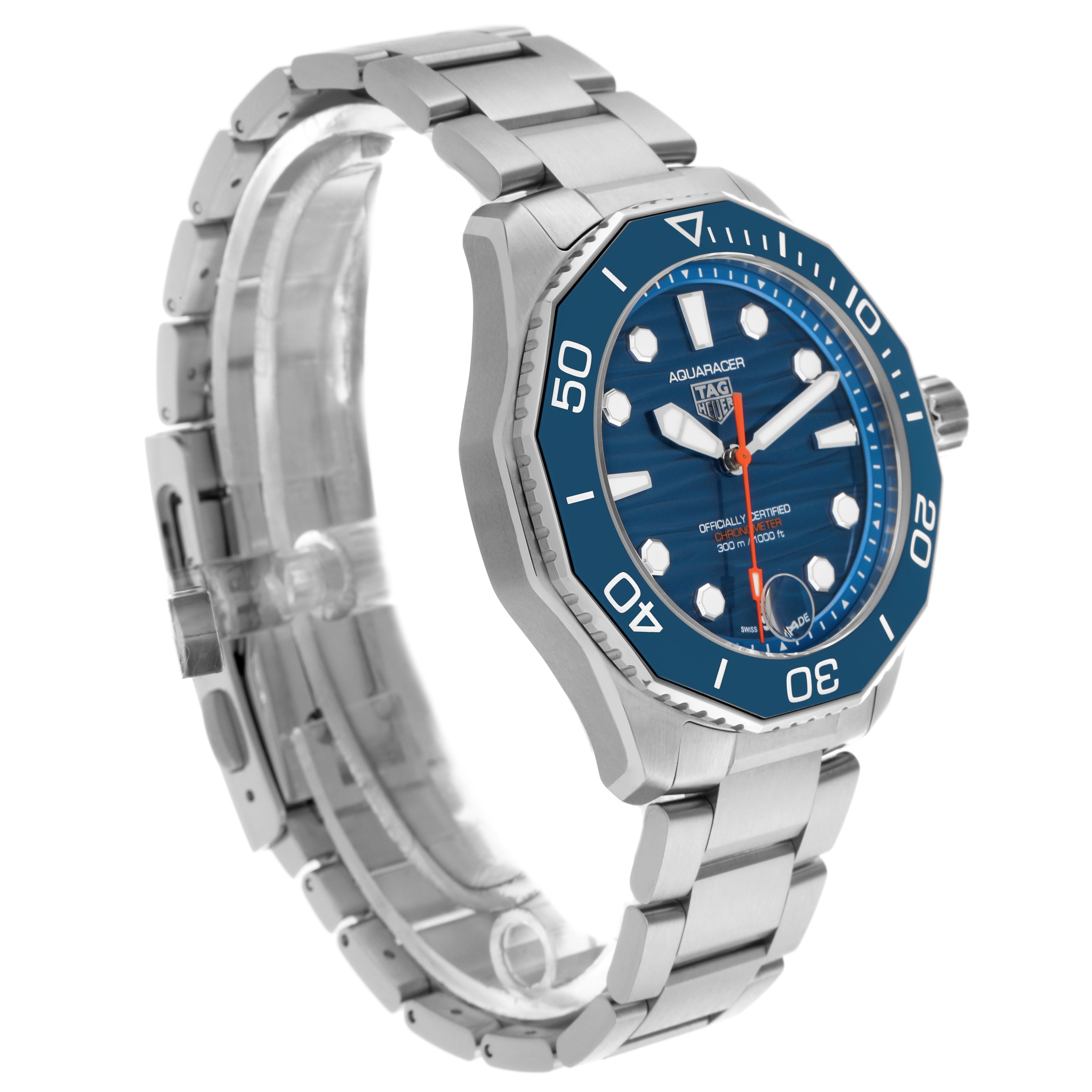 The Tag Heuer Aquaracer WBP5111.BA0013 Men's Stainless Steel Blue Dial WBP5111.BA0013 Men's Stainless Steel Blue Dial watch is shown from a three-quarter angle, displaying the face, bezel, and part of the bracelet.