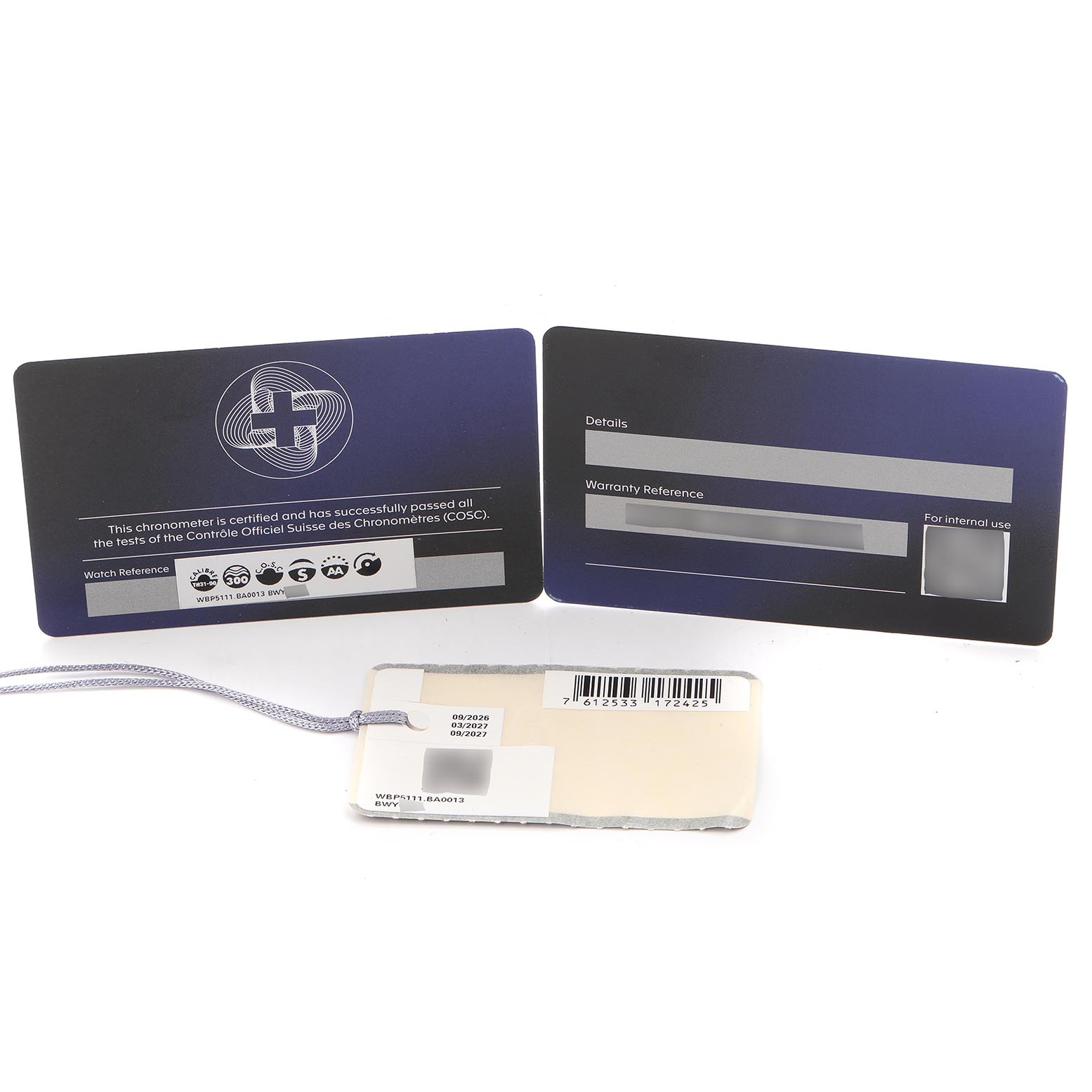 The image shows warranty cards and a tag for the Tag Heuer Aquaracer WBP5111.BA0013 Men's Stainless Steel Blue Dial WBP5111.BA0013 Men's Stainless Steel Blue Dial model.