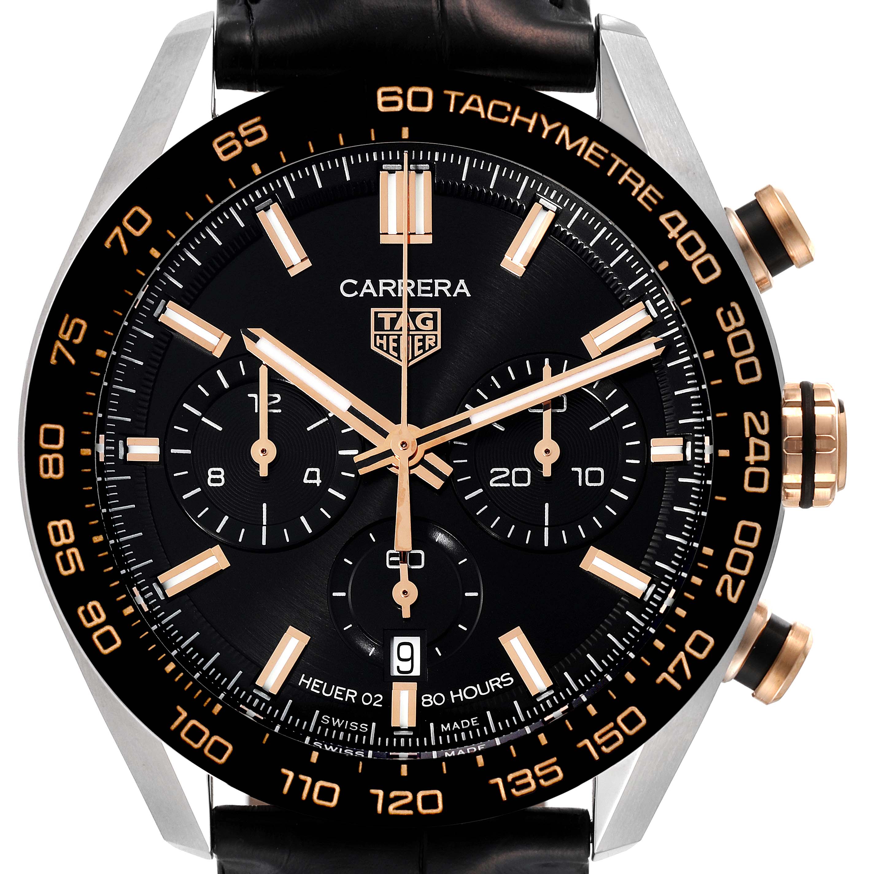 This image shows a close-up of the Tag Heuer Carrera CBN2A5A.FC6481 Men
s Steel and Gold (two tone) Black Dial CBN2A5A.FC6481 Men
s Steel and Gold (two tone) Black Dial watch face, highlighting the tachymeter, sub-dials, hands, and date window.