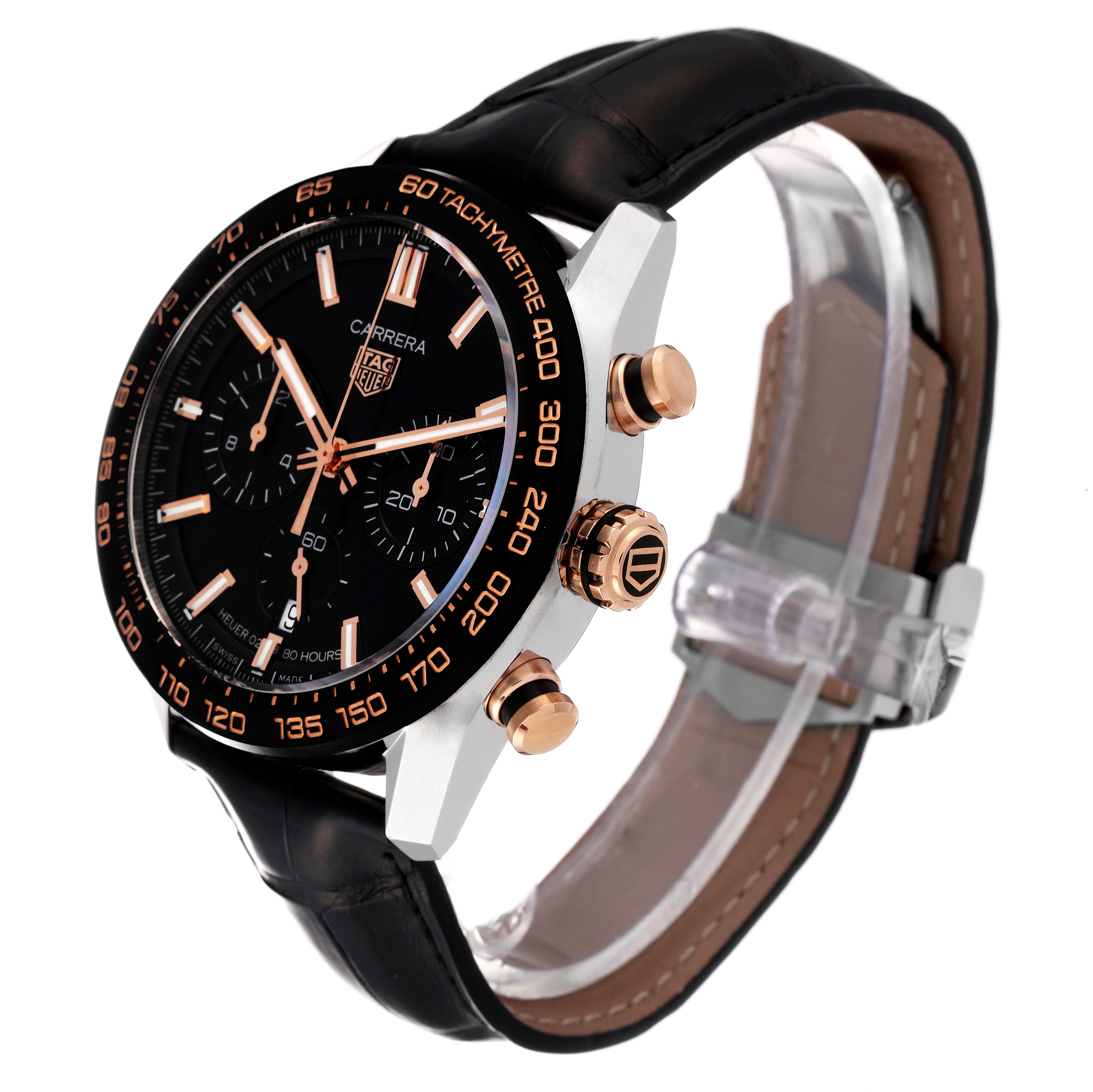 The image shows a side view of a Tag Heuer Carrera CBN2A5A.FC6481 Men
s Steel and Gold (two tone) Black Dial CBN2A5A.FC6481 Men
s Steel and Gold (two tone) Black Dial watch, highlighting the dial, bezel, crown, pushers, and strap.