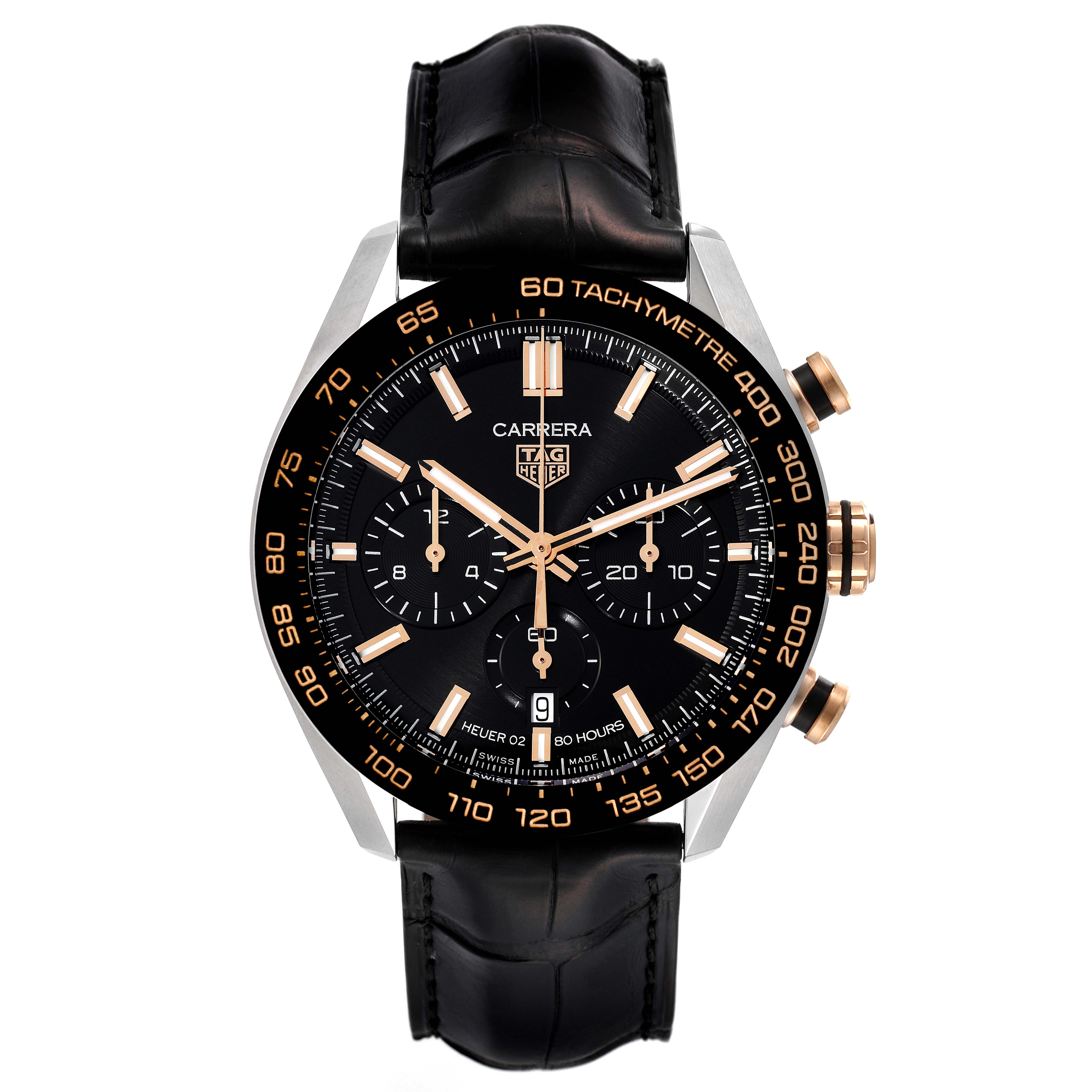 The image shows a front view of a Tag Heuer Carrera CBN2A5A.FC6481 Men
s Steel and Gold (two tone) Black Dial CBN2A5A.FC6481 Men
s Steel and Gold (two tone) Black Dial watch featuring a black dial, chronograph subdials, a tachymeter bezel, and a black leather strap.
