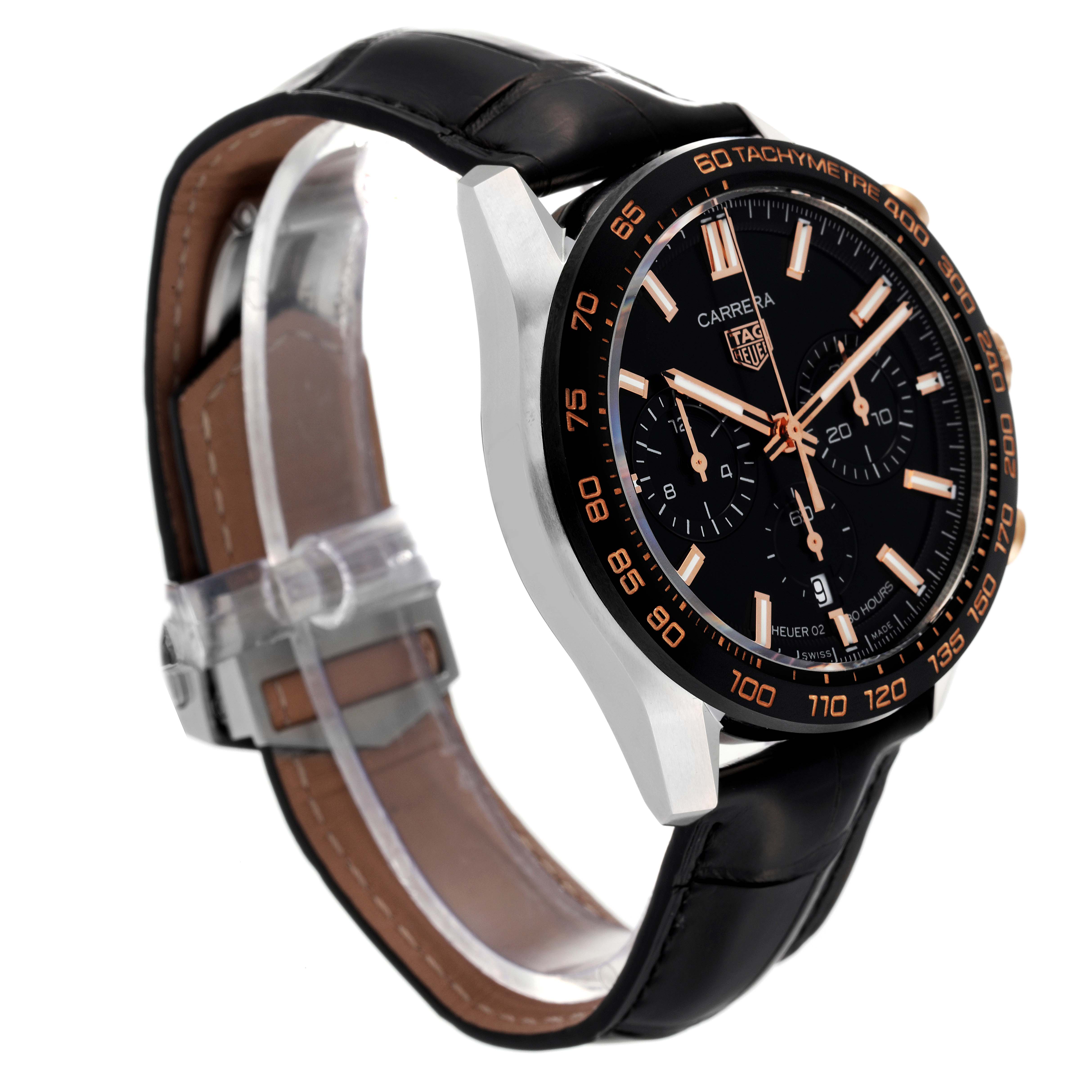 The image shows a Tag Heuer Carrera CBN2A5A.FC6481 Men
s Steel and Gold (two tone) Black Dial CBN2A5A.FC6481 Men
s Steel and Gold (two tone) Black Dial watch at a three-quarter angle, highlighting the face, bezel, and leather strap.