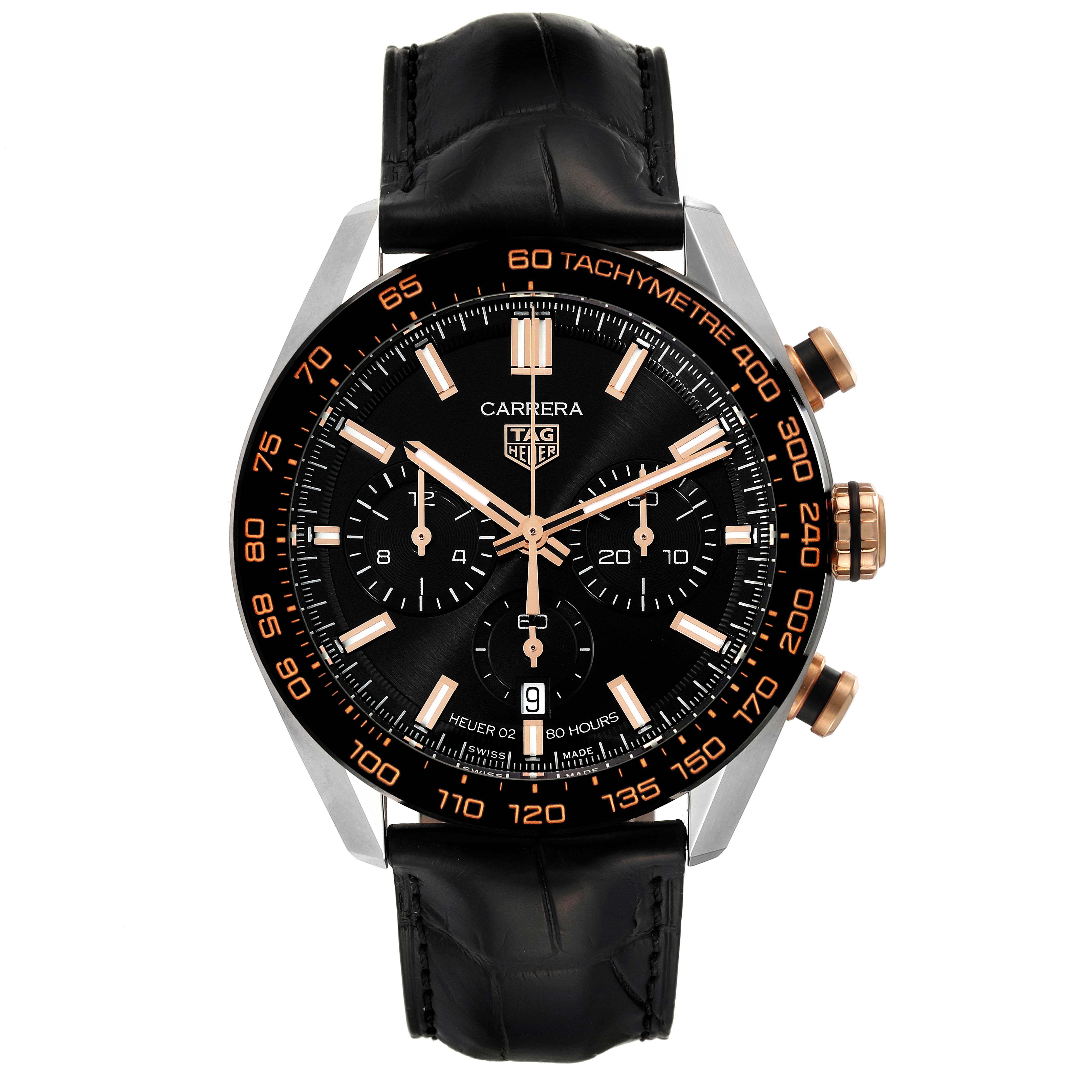 This is a straight-on view of a Tag Heuer Carrera CBN2A5A.FC6481 Men
s Steel and Gold (two tone) Black Dial CBN2A5A.FC6481 Men
s Steel and Gold (two tone) Black Dial watch, displaying its face, bezel, crown, and chronograph pushers.
