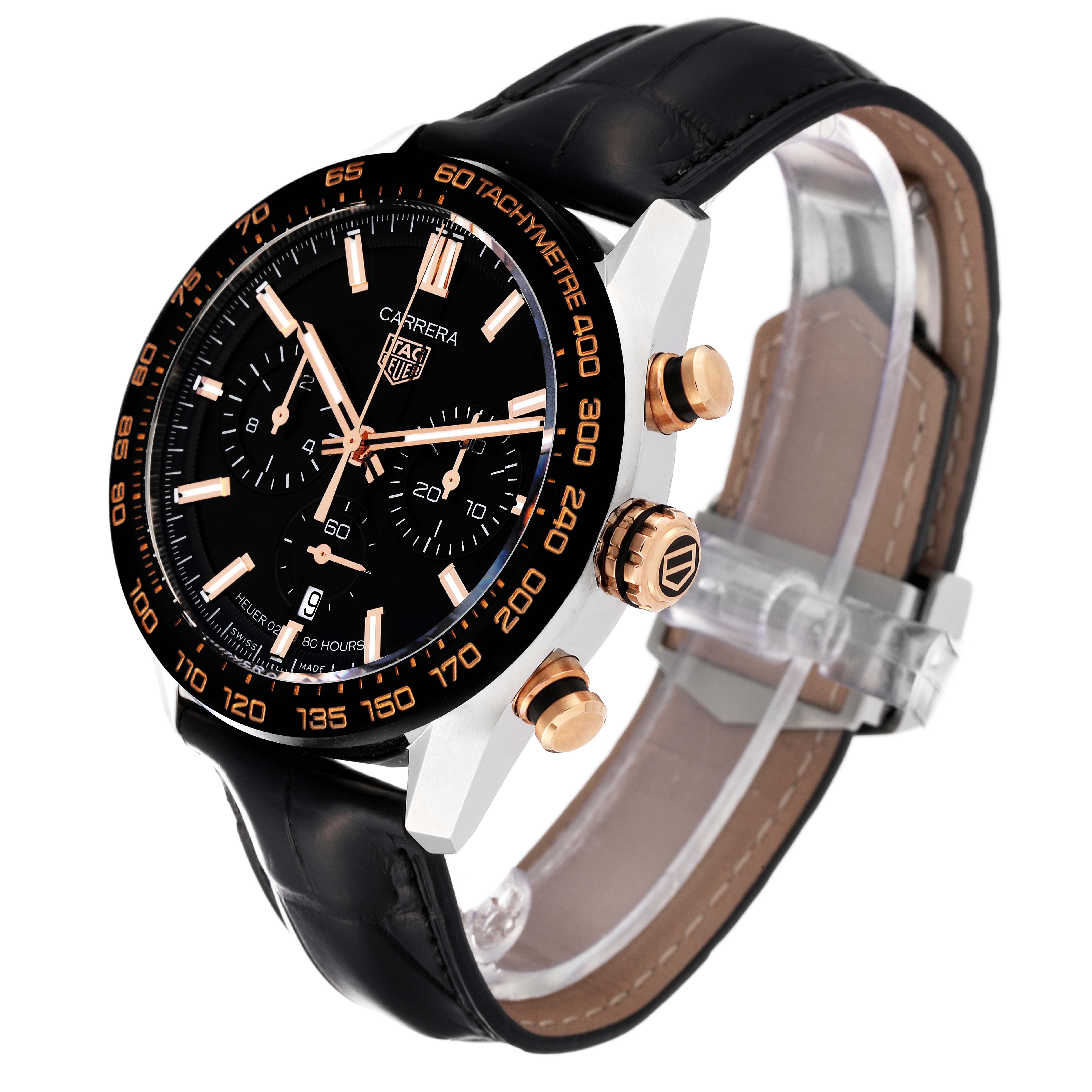 This image shows a Tag Heuer Carrera CBN2A5A.FC6481 Men
s Steel and Gold (two tone) Black Dial CBN2A5A.FC6481 Men
s Steel and Gold (two tone) Black Dial watch at an angle, highlighting the face, bezel, crown, pushers, and black leather strap.