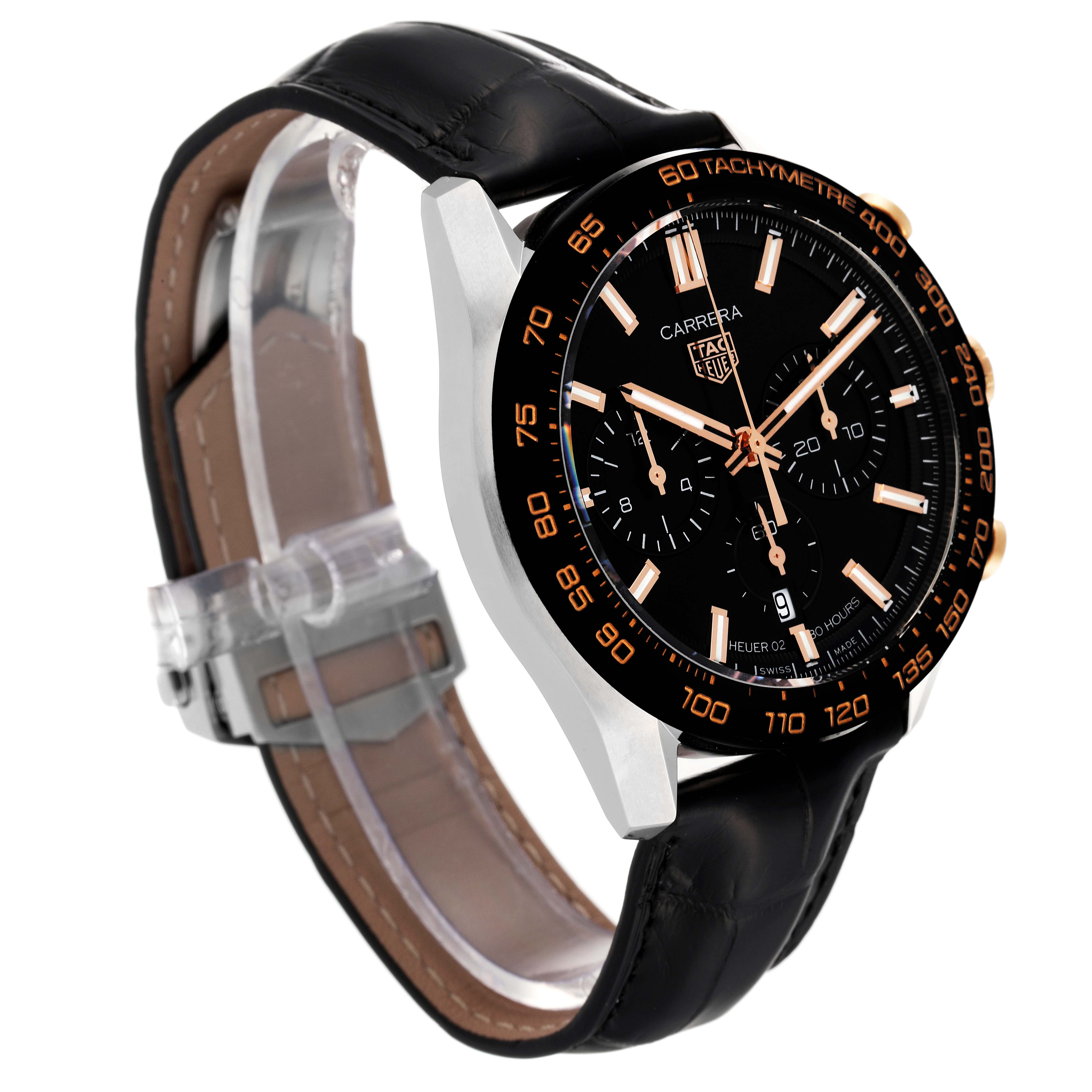 The image shows a side angle of a Tag Heuer Carrera CBN2A5A.FC6481 Men
s Steel and Gold (two tone) Black Dial CBN2A5A.FC6481 Men
s Steel and Gold (two tone) Black Dial model watch highlighting the dial, bezel, strap, and clasp.