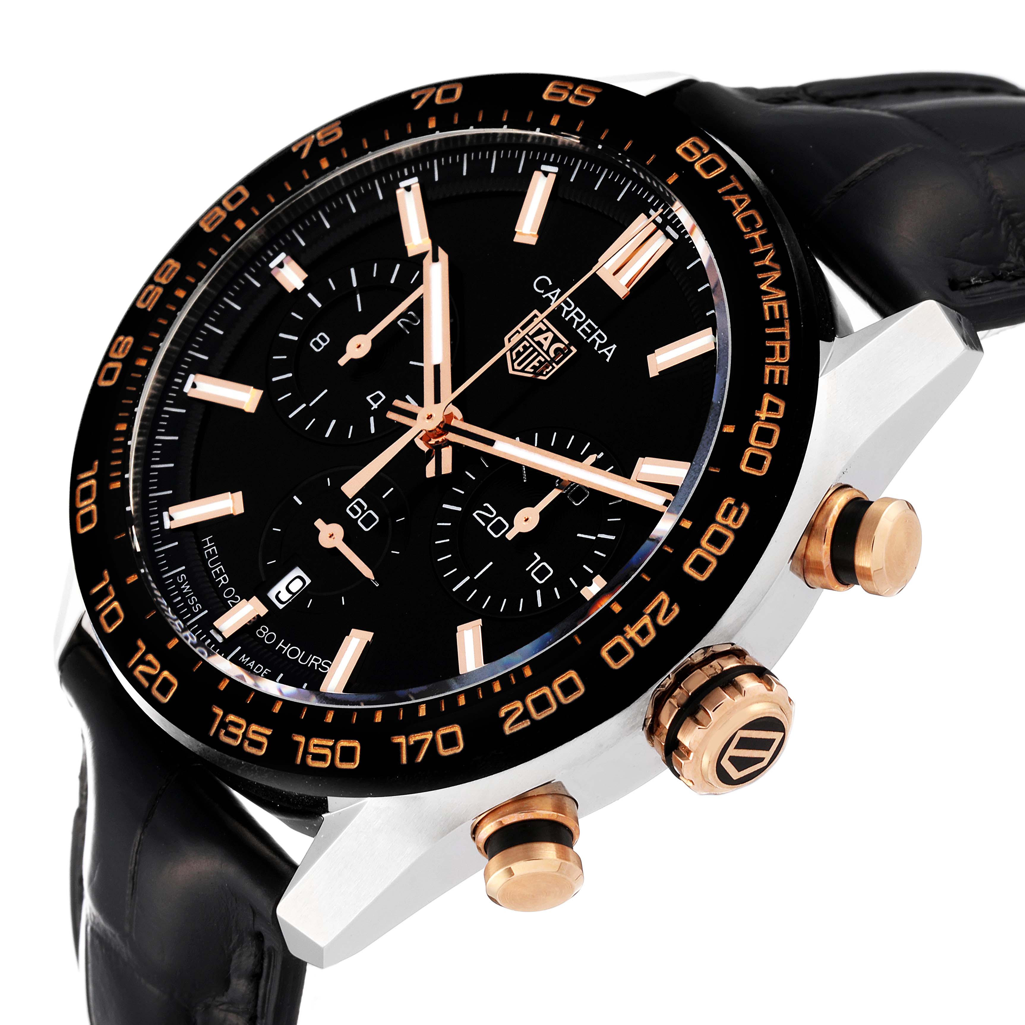 The image shows a close-up angle of the Tag Heuer Carrera CBN2A5A.FC6481 Men
s Steel and Gold (two tone) Black Dial CBN2A5A.FC6481 Men
s Steel and Gold (two tone) Black Dial watch, displaying its face, bezel, and side buttons.