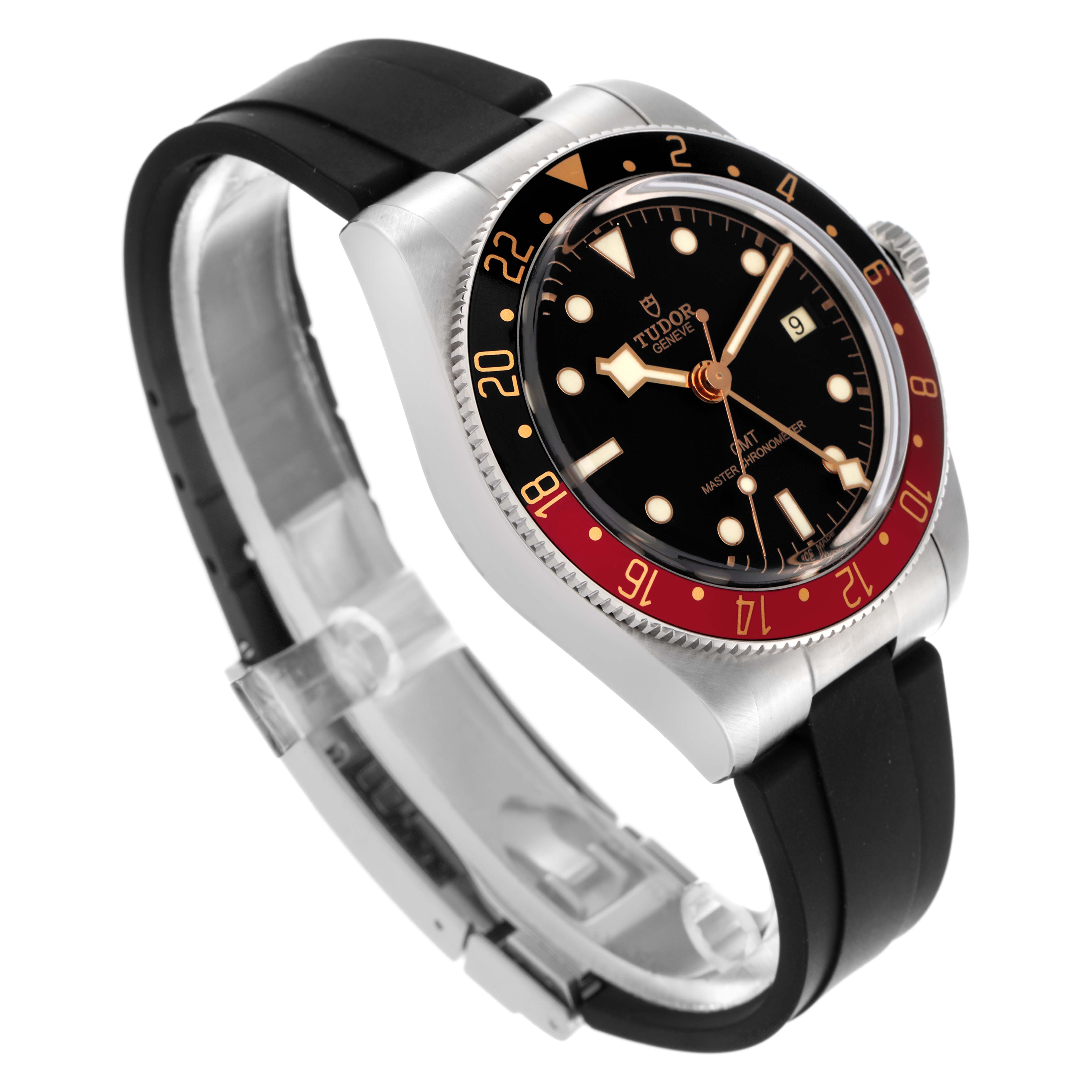 The Tudor Heritage Black Bay M7939G1A0NRU-0002 Men
s Stainless Steel Black Dial M7939G1A0NRU-0002 Men
s Stainless Steel Black Dial watch is shown at a three-quarter angle, highlighting the bezel, dial, and black strap.