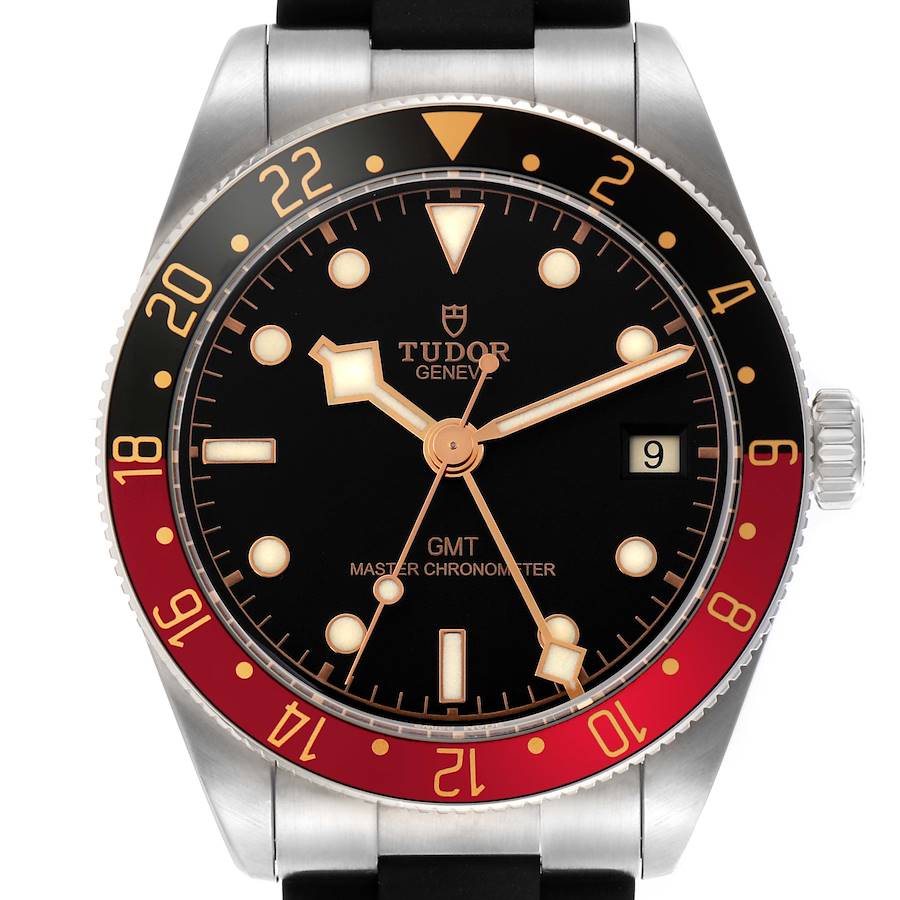 The Tudor Heritage Black Bay watch is shown from the front, displaying its dial, bezel, and crown.