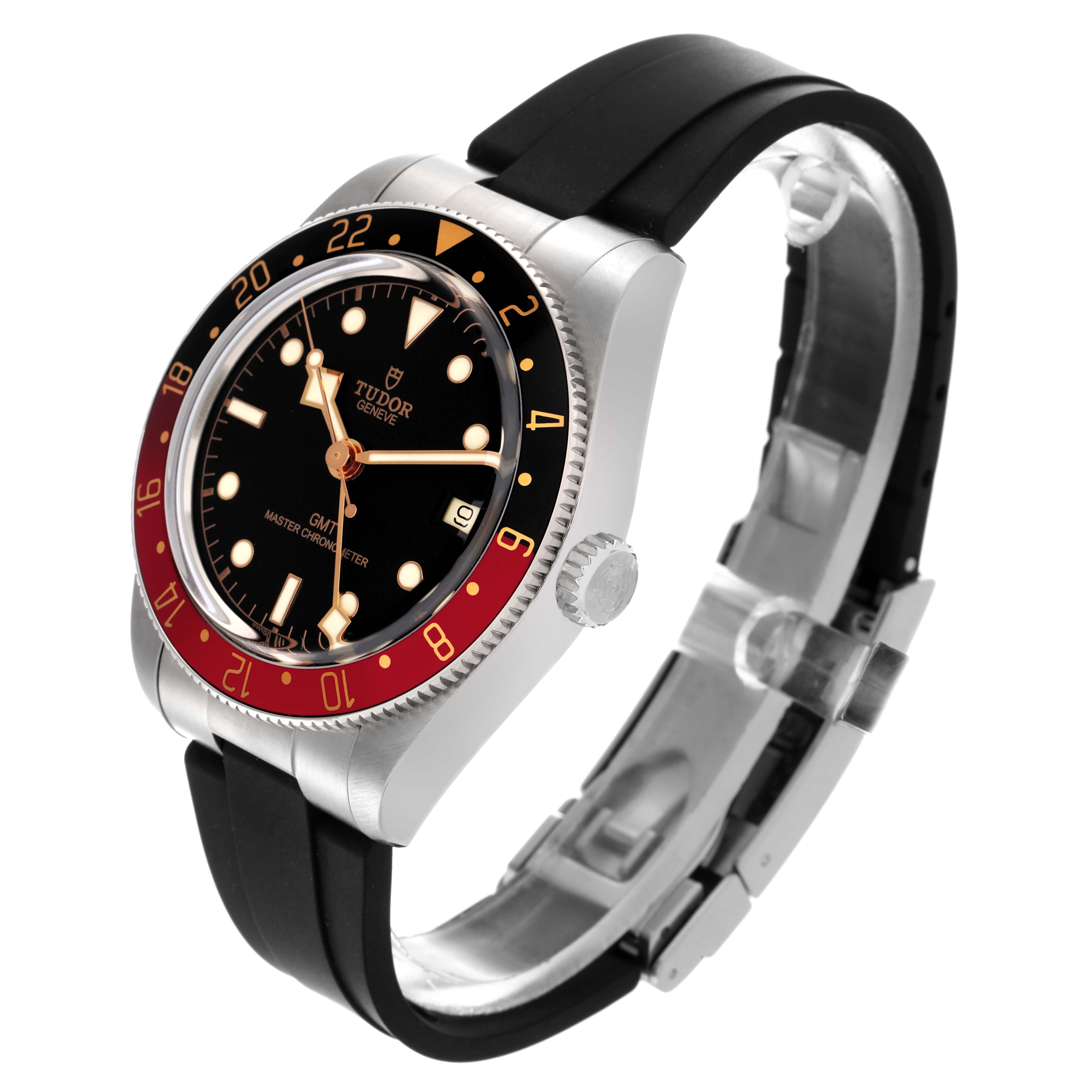 The Tudor Heritage Black Bay M7939G1A0NRU-0002 Men
s Stainless Steel Black Dial M7939G1A0NRU-0002 Men
s Stainless Steel Black Dial watch is shown at an oblique angle, highlighting the bezel, dial, crown, and rubber strap.