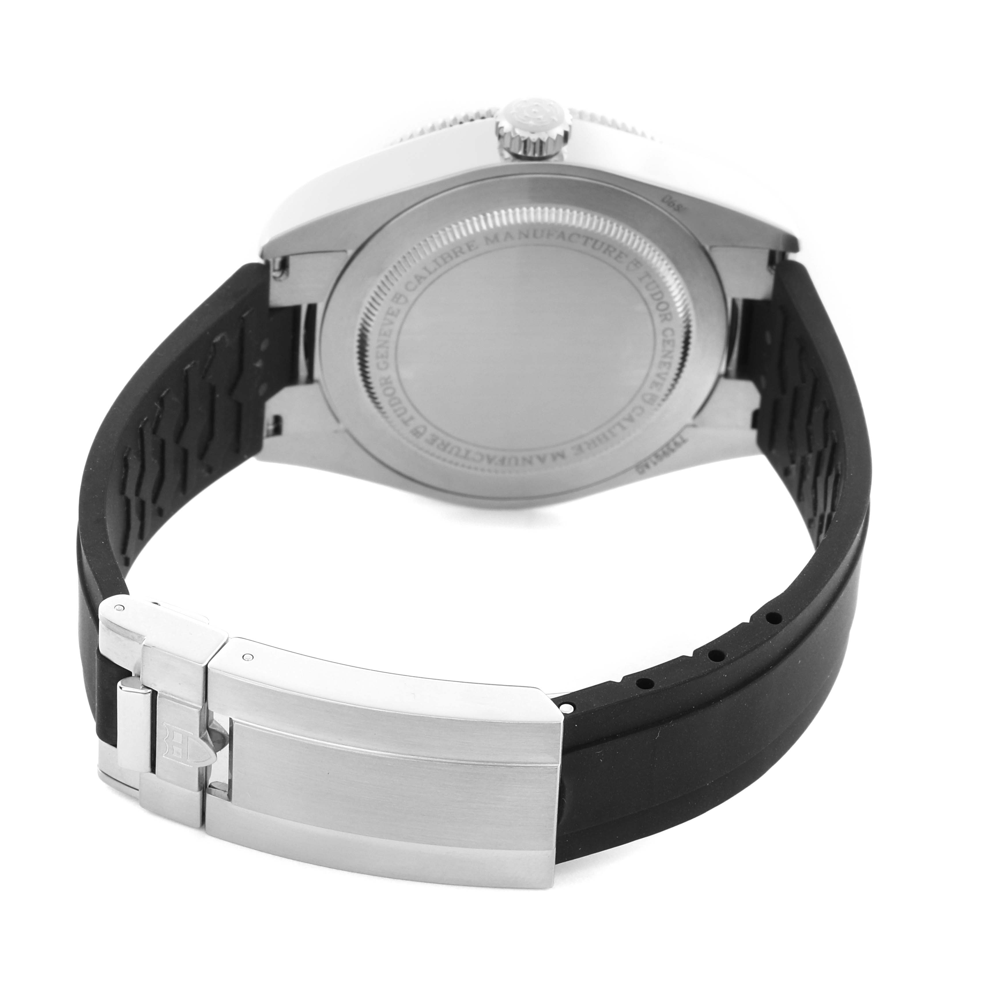 The image shows the back of a Tudor Heritage Black Bay M7939G1A0NRU-0002 Men
s Stainless Steel Black Dial M7939G1A0NRU-0002 Men
s Stainless Steel Black Dial watch, including the case back and clasp of the strap.