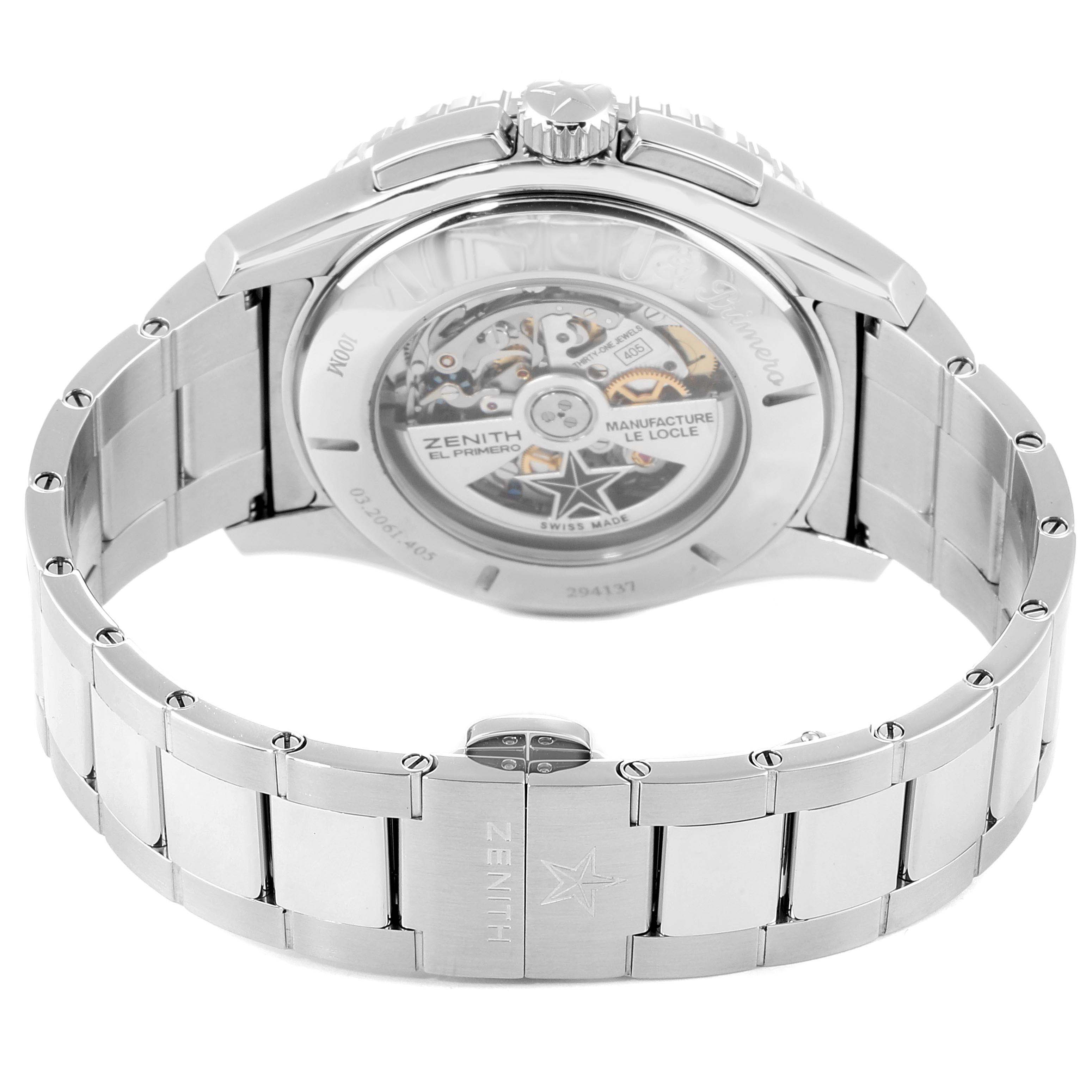 The Zenith El Primero 03.2061.405/21.M2060  Men's Stainless Steel Black Dial 03.2061.405/21.M2060  Men's Stainless Steel Black Dial watch is shown from a rear angle, displaying its open case back and part of the stainless steel bracelet.