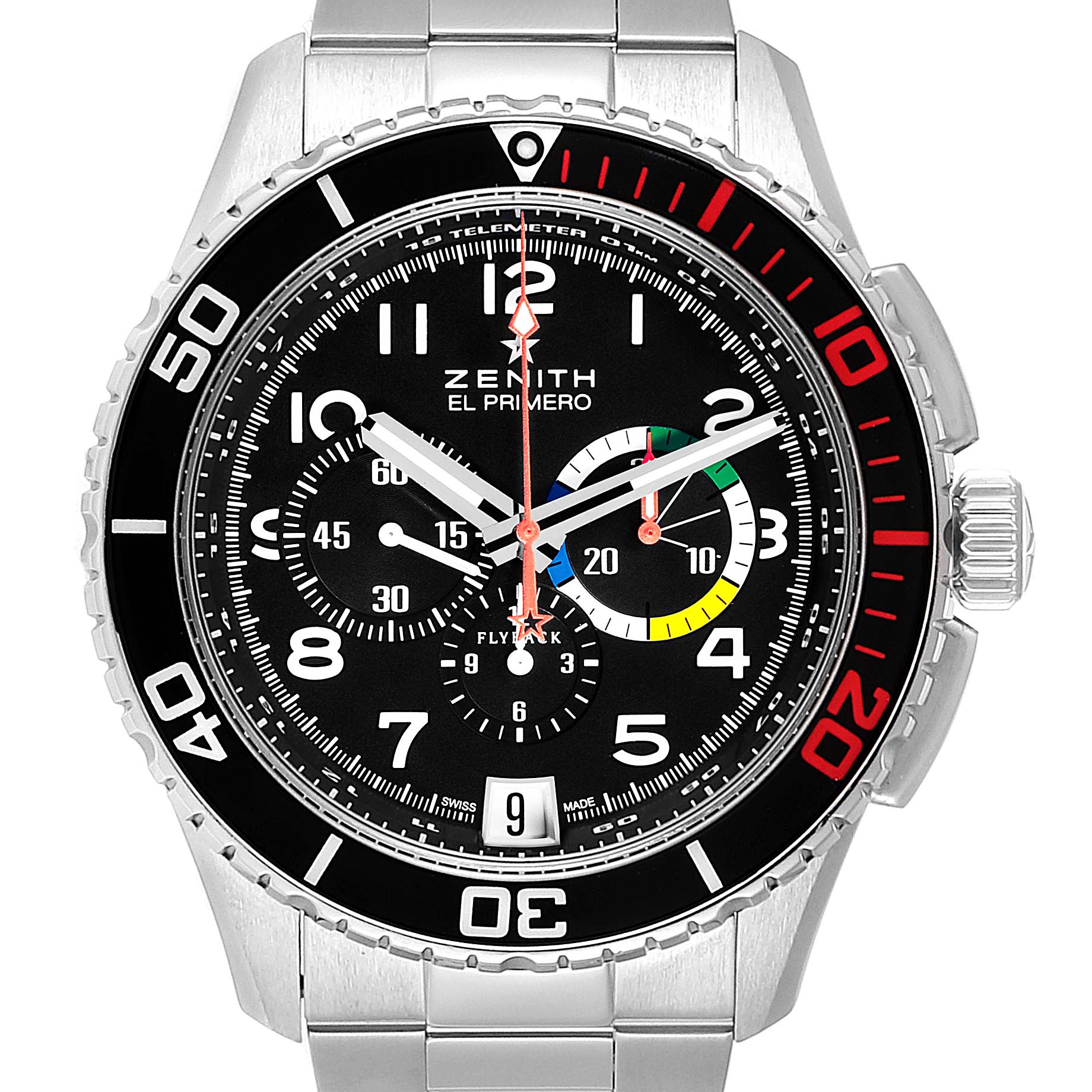 The Zenith El Primero 03.2061.405/21.M2060  Men's Stainless Steel Black Dial 03.2061.405/21.M2060  Men's Stainless Steel Black Dial watch is shown from the front, displaying the dial, subdials, bezel, and stainless steel bracelet.