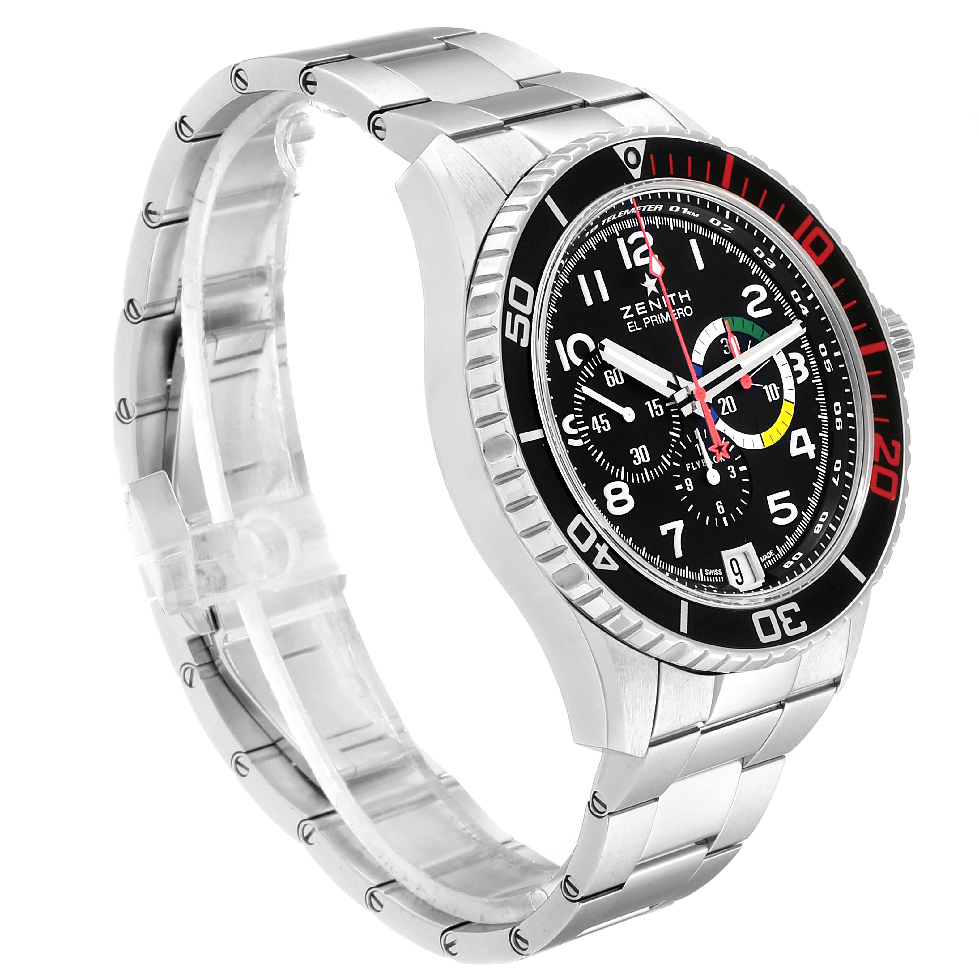 The Zenith El Primero 03.2061.405/21.M2060  Men's Stainless Steel Black Dial 03.2061.405/21.M2060  Men's Stainless Steel Black Dial watch is shown in a side angle, highlighting the dial, bezel, and stainless steel bracelet.