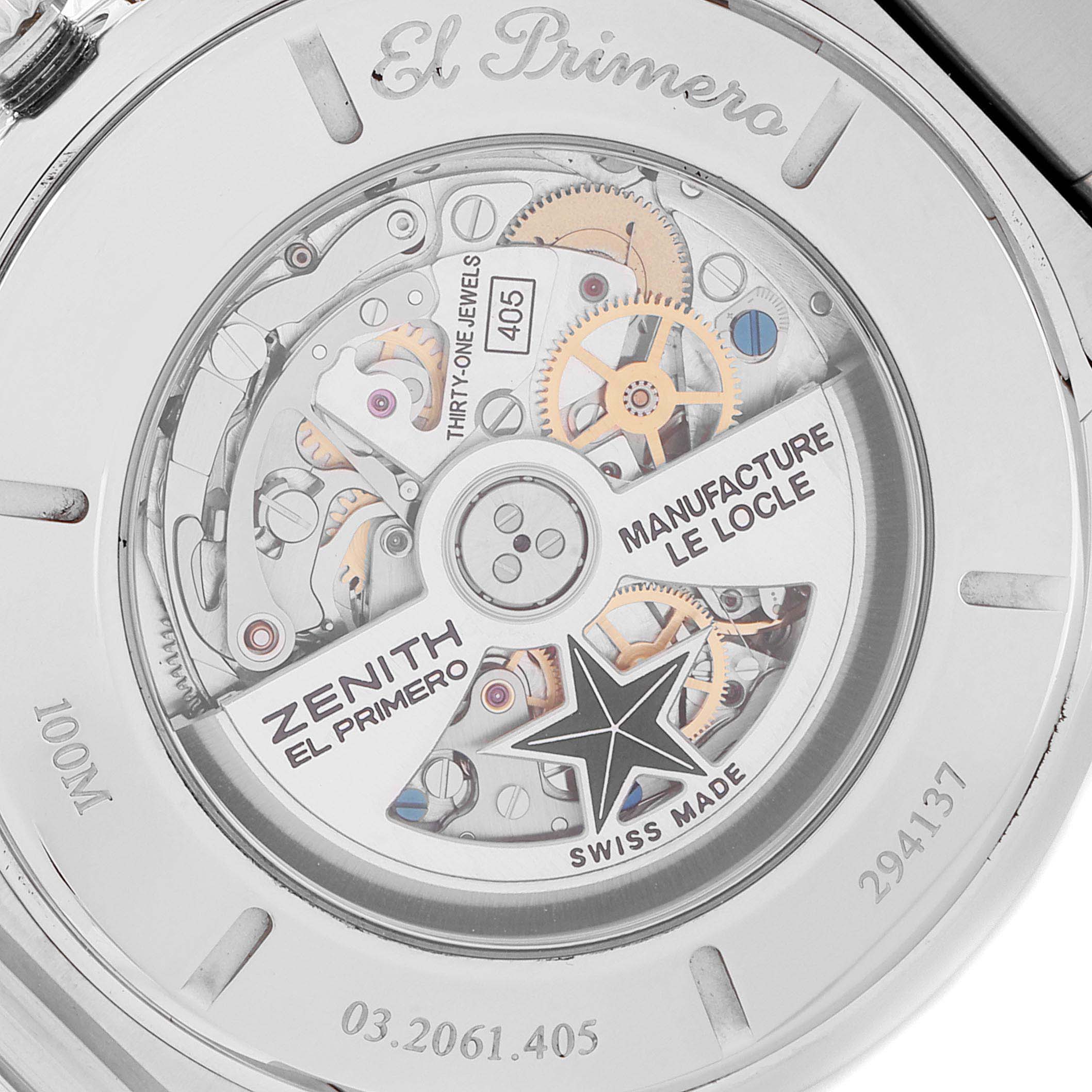 The image shows the back view of the Zenith El Primero 03.2061.405/21.M2060  Men's Stainless Steel Black Dial 03.2061.405/21.M2060  Men's Stainless Steel Black Dial watch with visible mechanical movement and branding.