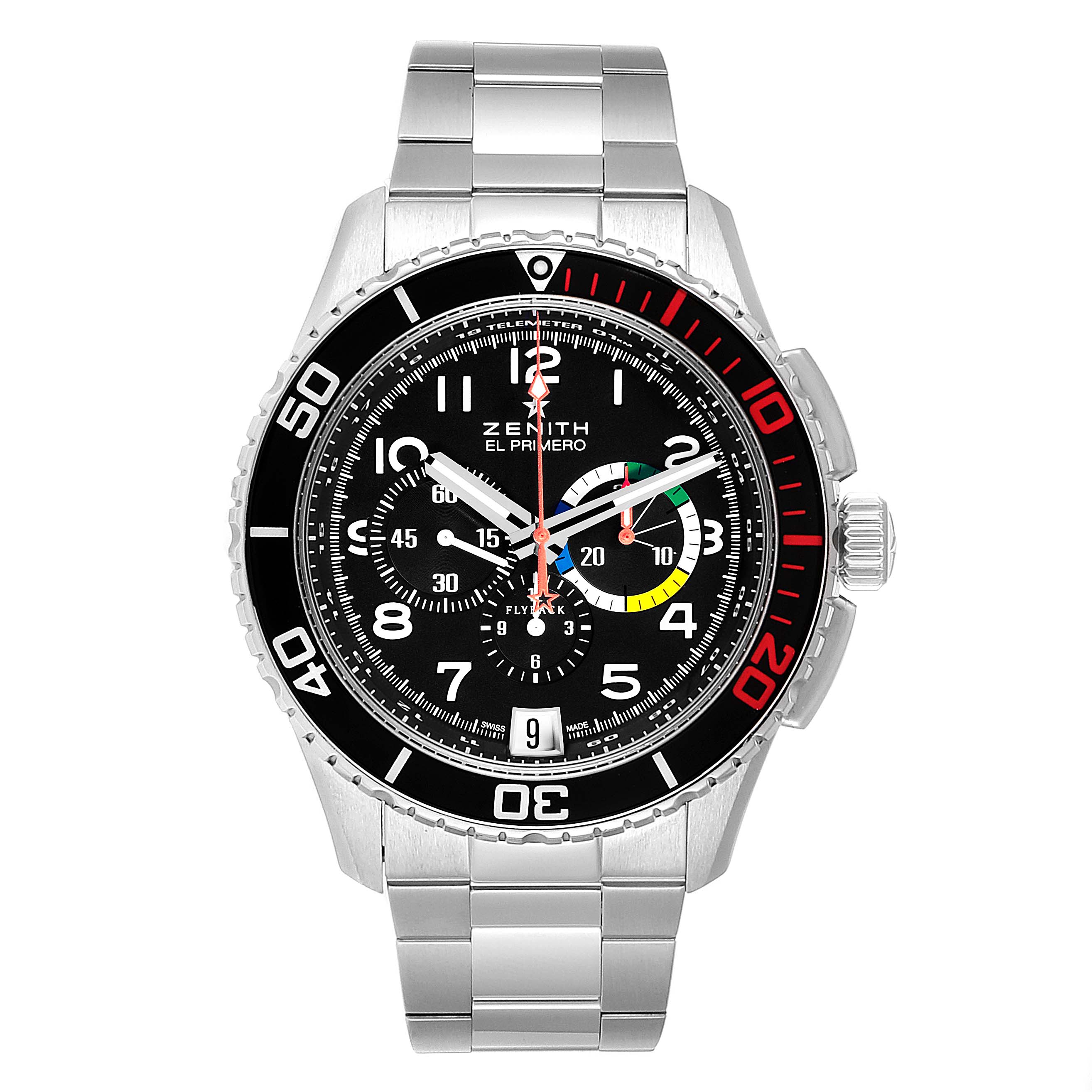 The Zenith El Primero 03.2061.405/21.M2060  Men's Stainless Steel Black Dial 03.2061.405/21.M2060  Men's Stainless Steel Black Dial watch is shown from a front angle, displaying its stainless steel bracelet, black dial, and chronograph features.