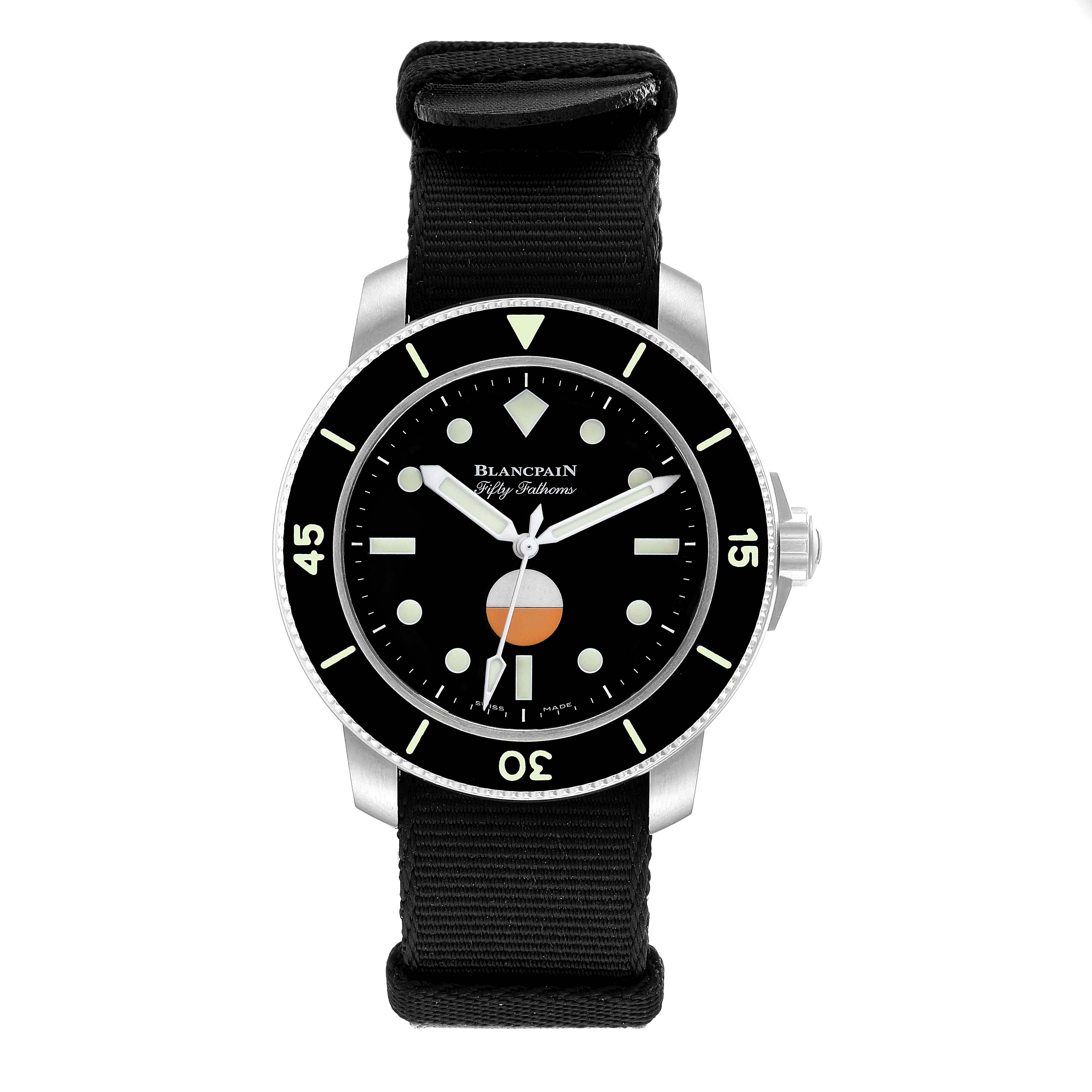 The image shows a frontal view of the Blancpain Fifty Fathoms 5008-11B30 Men's Stainless Steel Black Dial 5008-11B30 Men's Stainless Steel Black Dial watch with its black dial and bezel, and a black strap.