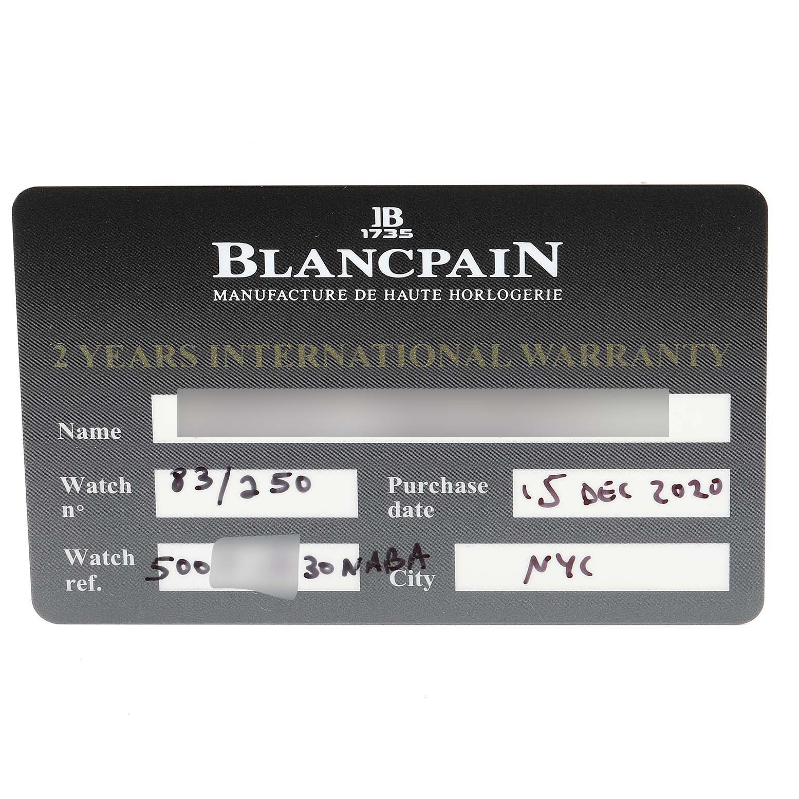 This image shows the international warranty card for a Blancpain Fifty Fathoms 5008-11B30 Men's Stainless Steel Black Dial 5008-11B30 Men's Stainless Steel Black Dial watch.