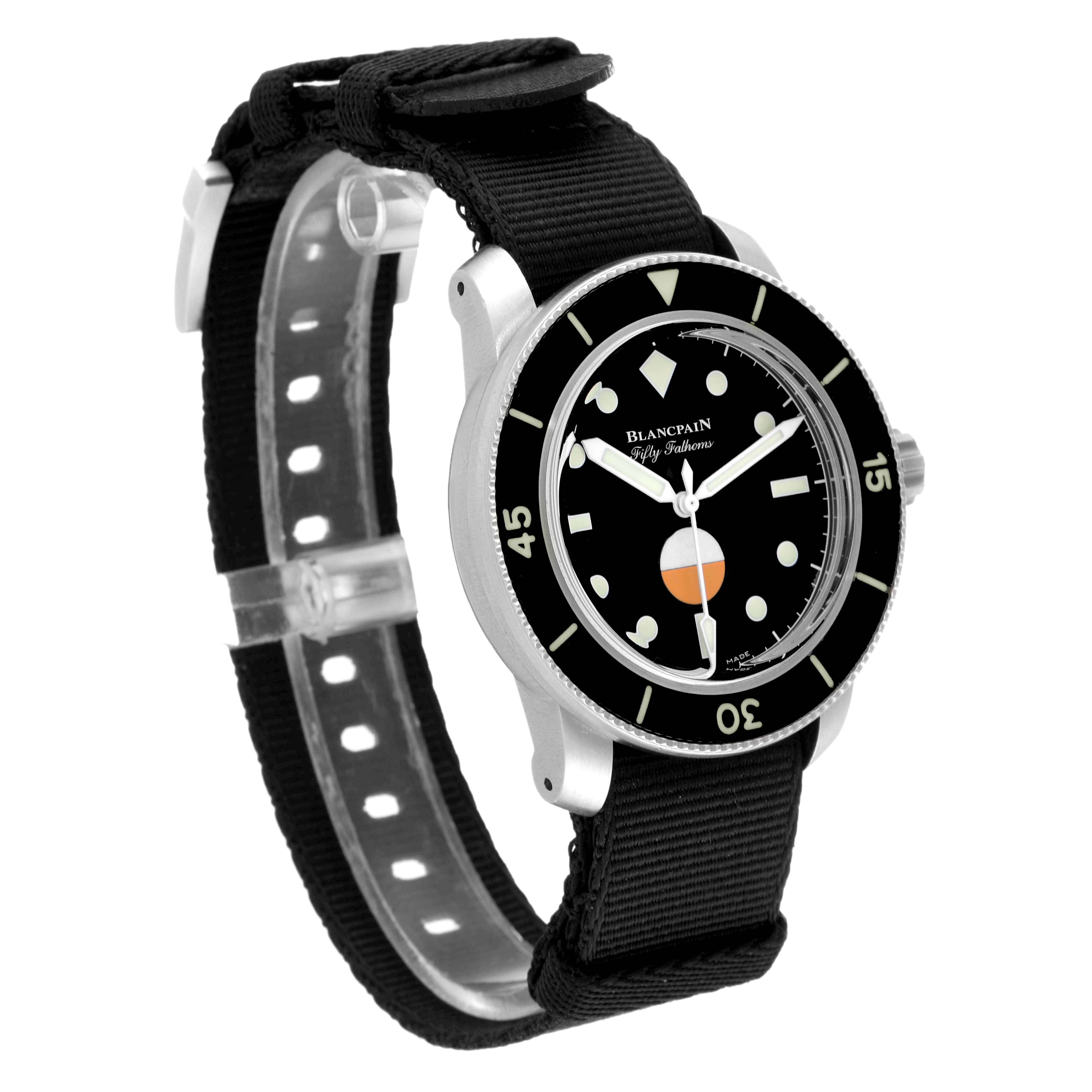 The image shows a side and front angle view of the Blancpain Fifty Fathoms 5008-11B30 Men's Stainless Steel Black Dial 5008-11B30 Men's Stainless Steel Black Dial watch, highlighting its face dial and black strap.