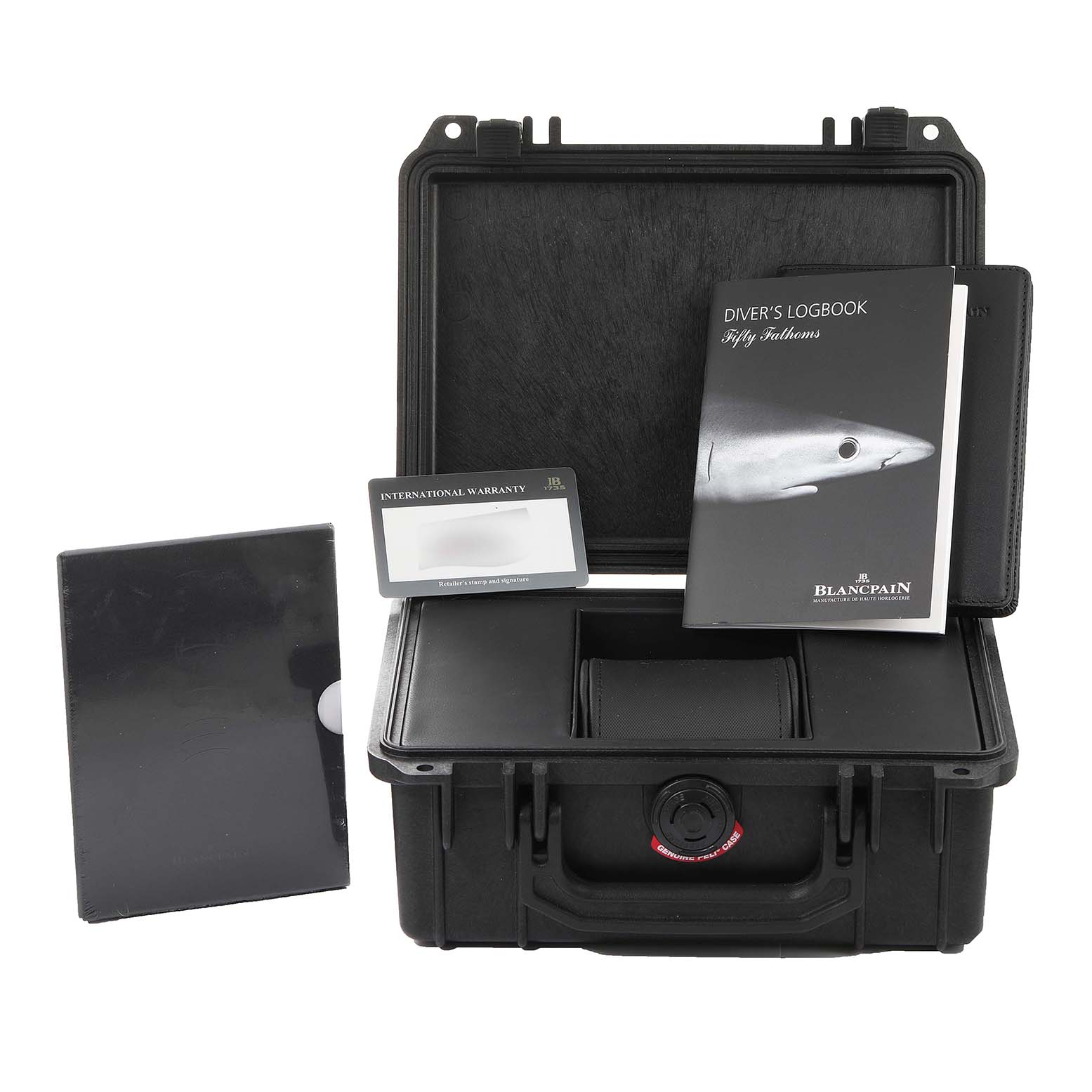 This image shows a Blancpain Fifty Fathoms 5008-11B30 Men's Stainless Steel Black Dial 5008-11B30 Men's Stainless Steel Black Dial watch in its open case, with warranty card and diver’s logbook included.