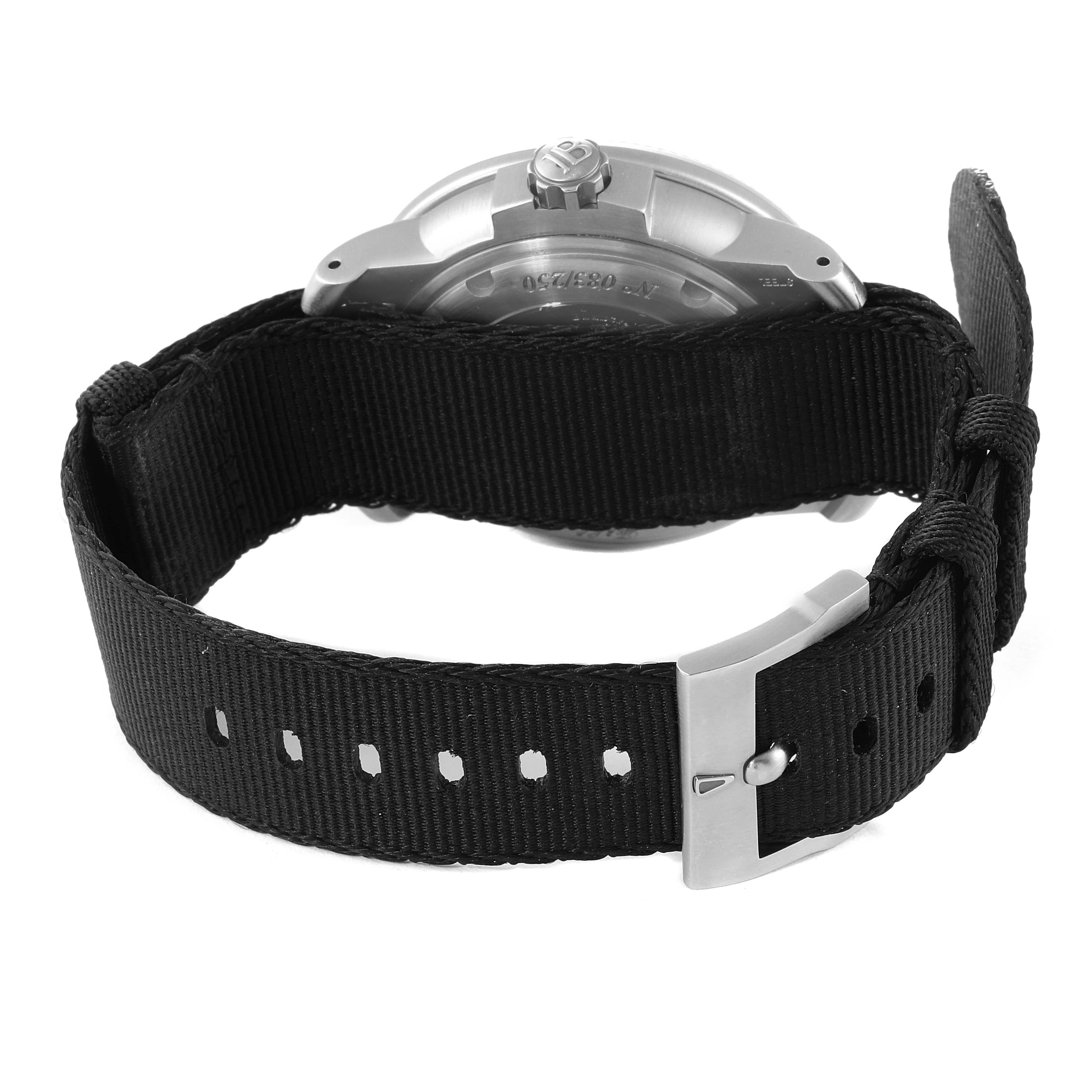 The image shows the back view of a Blancpain Fifty Fathoms 5008-11B30 Men's Stainless Steel Black Dial 5008-11B30 Men's Stainless Steel Black Dial watch with a black fabric strap and buckle.