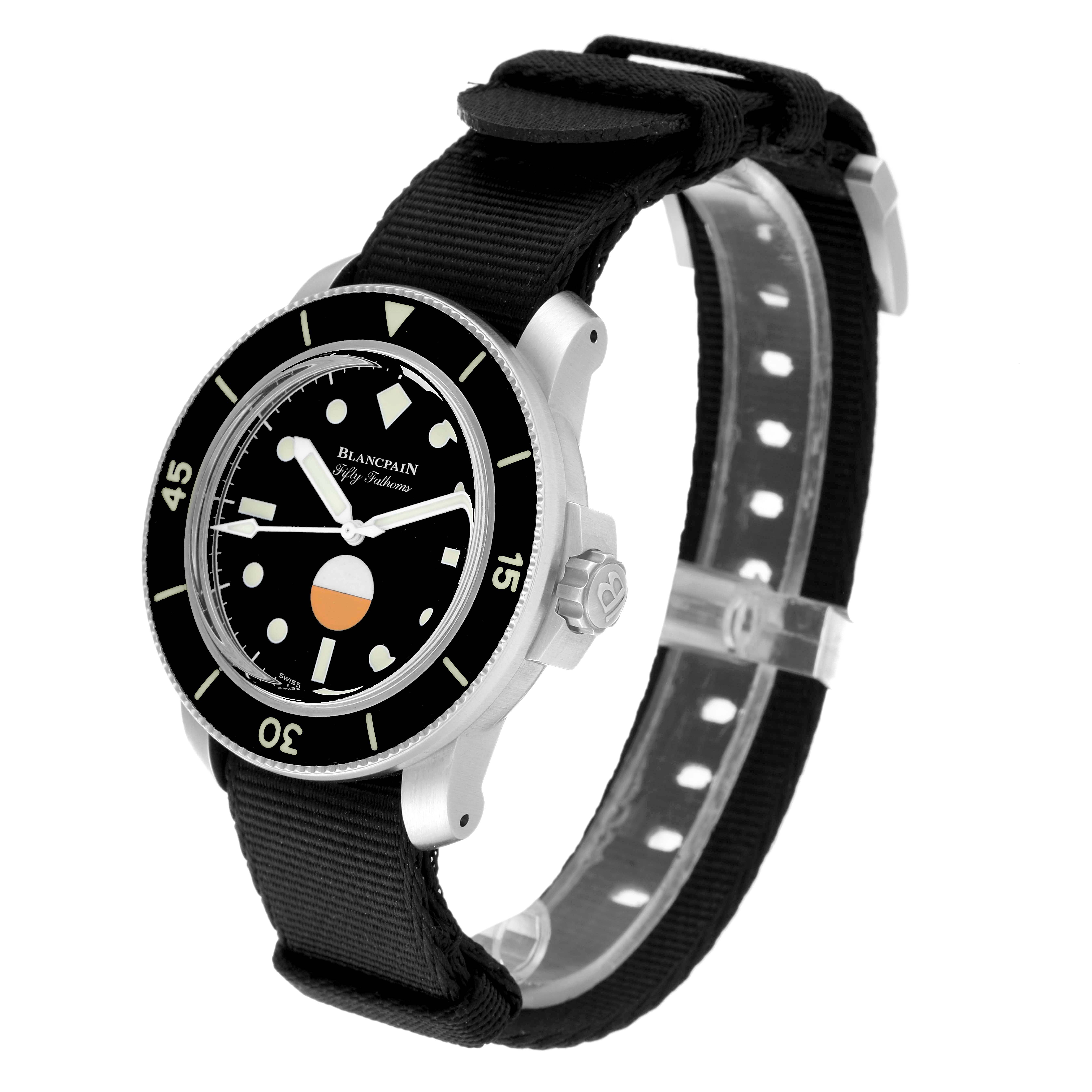 This image shows the Blancpain Fifty Fathoms 5008-11B30 Men's Stainless Steel Black Dial 5008-11B30 Men's Stainless Steel Black Dial watch at a three-quarter angle highlighting the dial, bezel, and strap.