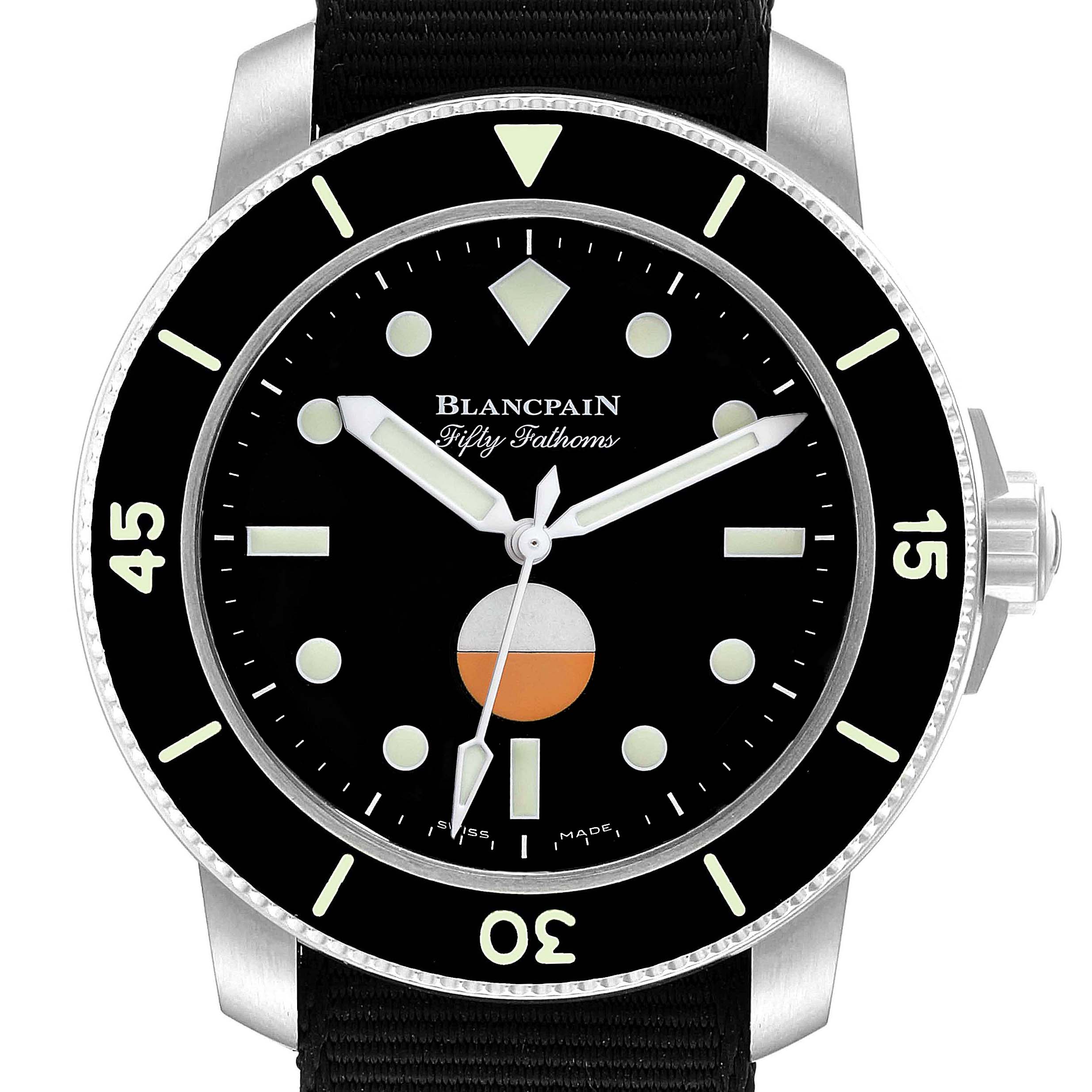 The image shows a frontal view of the Blancpain Fifty Fathoms 5008-11B30 Men's Stainless Steel Black Dial 5008-11B30 Men's Stainless Steel Black Dial watch, highlighting its dial and bezel.