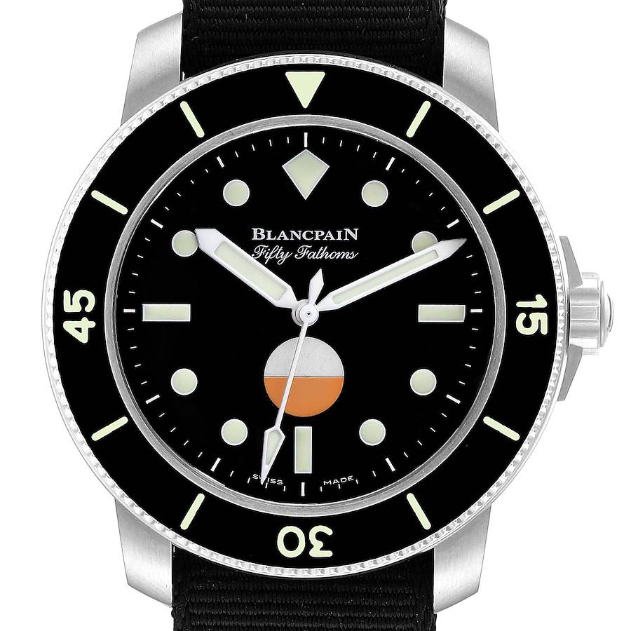 The image shows a frontal view of the Blancpain Fifty Fathoms watch, highlighting its dial and bezel.