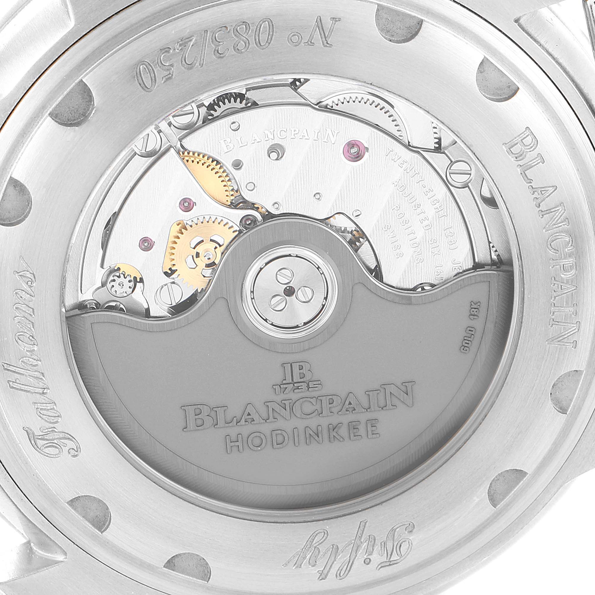 The image shows the backside and inner workings of a Blancpain Fifty Fathoms 5008-11B30 Men's Stainless Steel Black Dial 5008-11B30 Men's Stainless Steel Black Dial model watch.