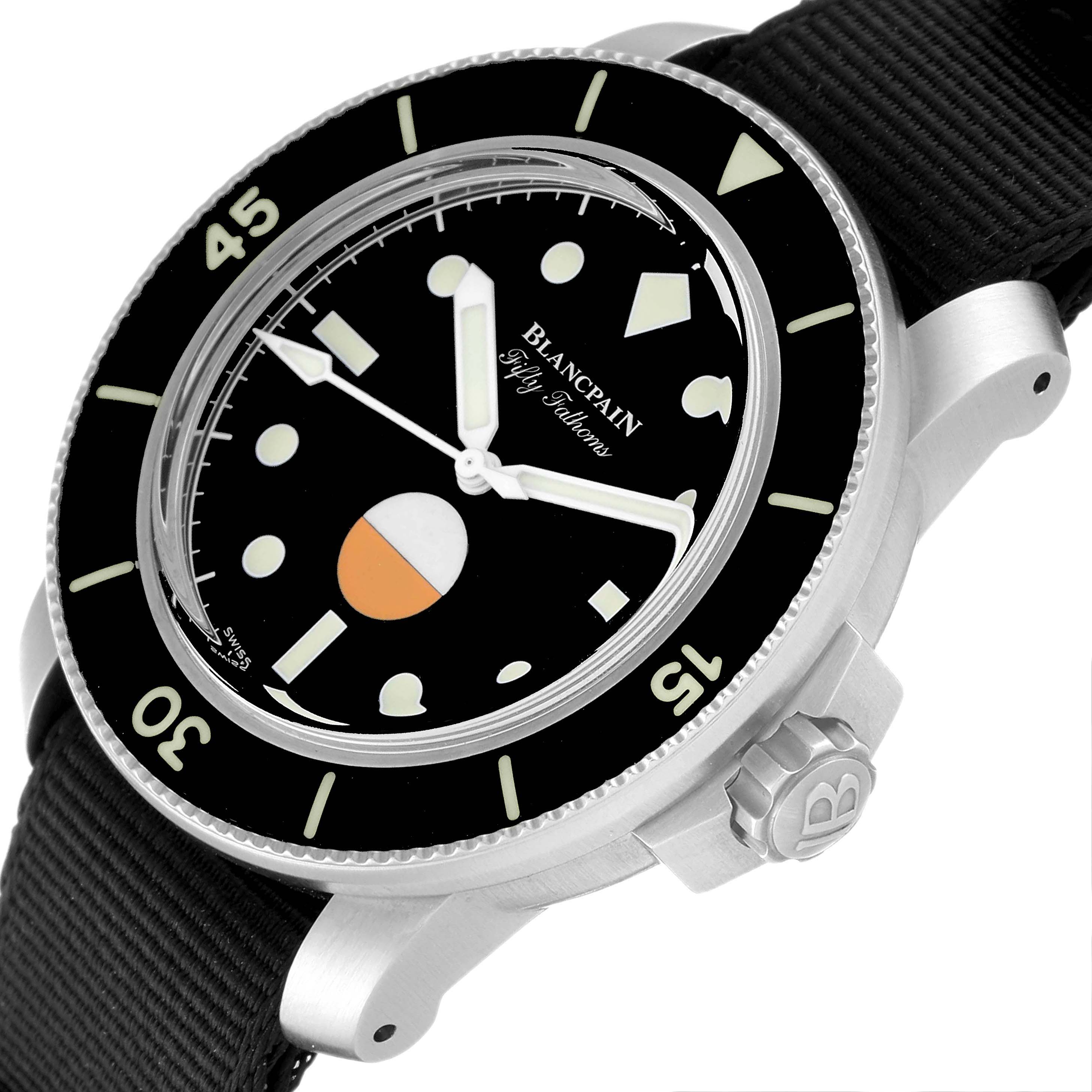 The image shows a Blancpain Fifty Fathoms 5008-11B30 Men's Stainless Steel Black Dial 5008-11B30 Men's Stainless Steel Black Dial watch from a three-quarter view, highlighting the dial, bezel, crown, and part of the strap.