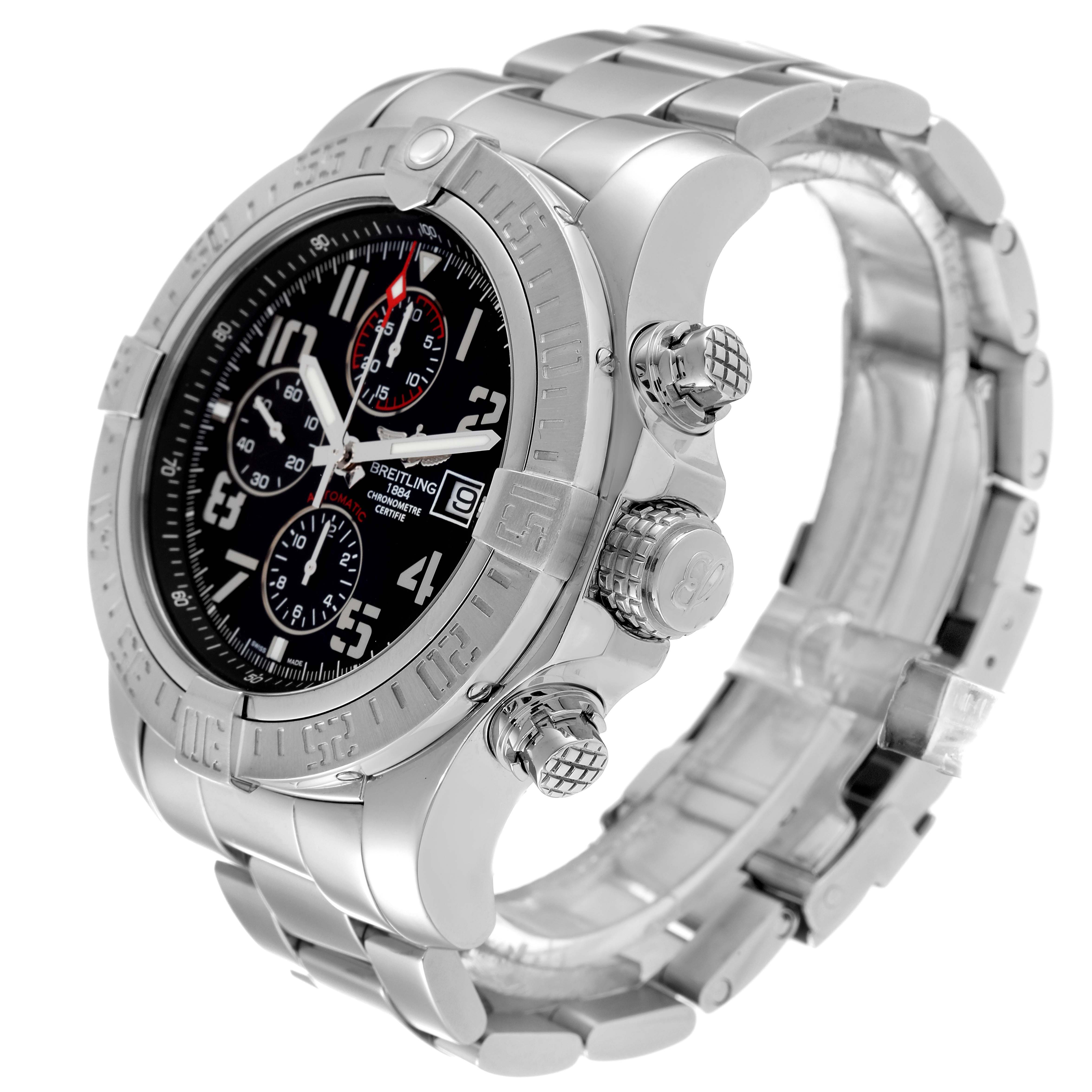The image shows a side angle of the Breitling Avenger A13371 Men's Stainless Steel Black Dial A13371 Men's Stainless Steel Black Dial watch, highlighting its bezel, crown, dial, and chronograph pushers.