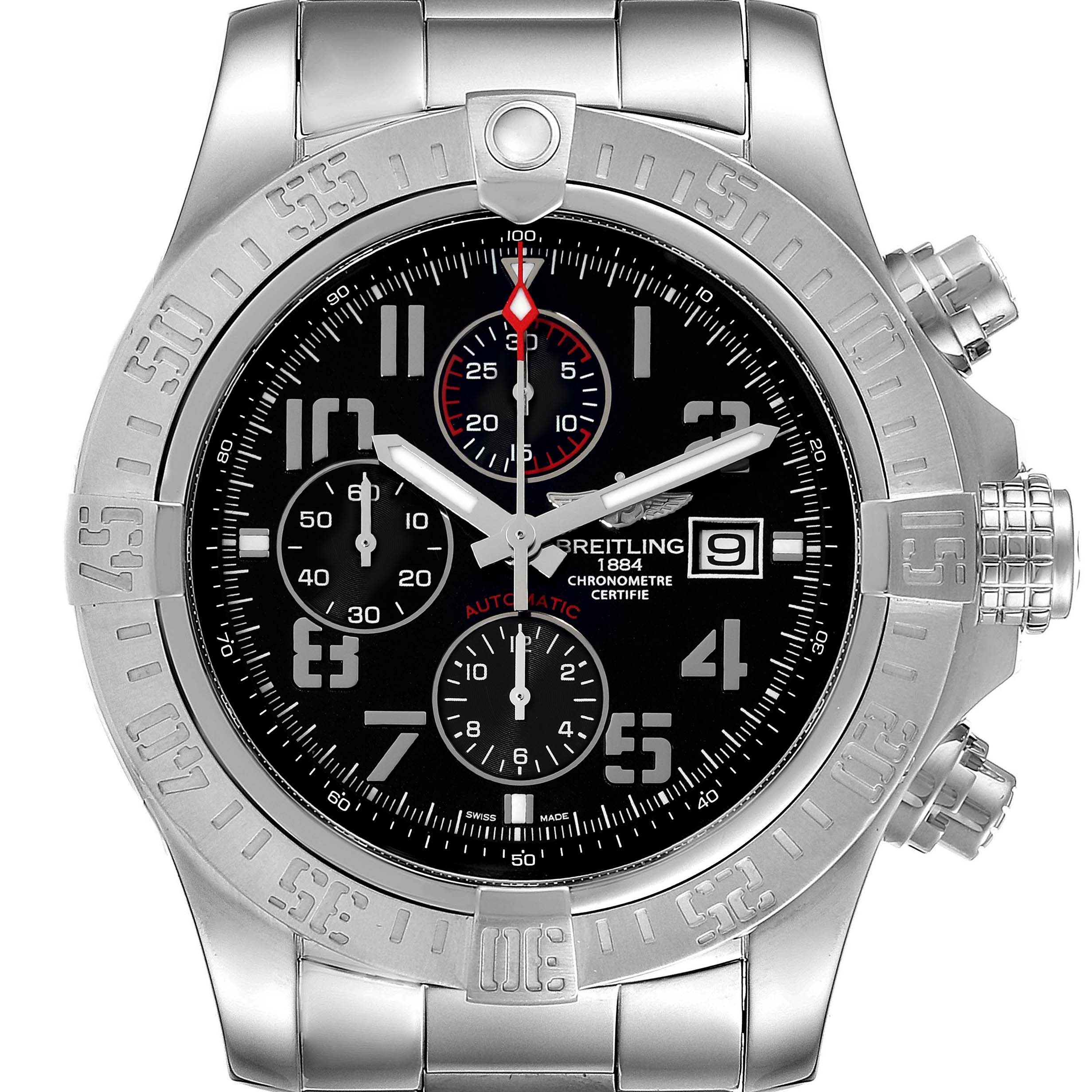 The image shows a front view of the Breitling Avenger A13371 Men's Stainless Steel Black Dial A13371 Men's Stainless Steel Black Dial watch, highlighting the face, bezel, chronograph sub-dials, and pushers.