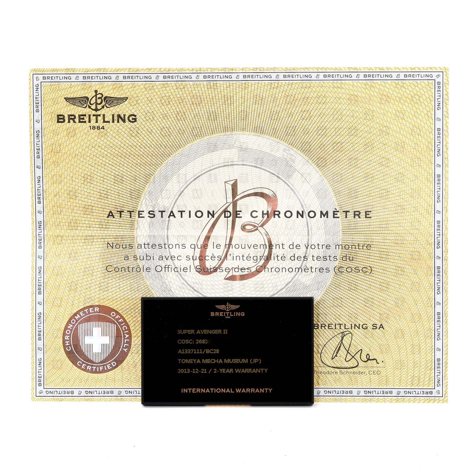 The image shows a Breitling Avenger A13371 Men's Stainless Steel Black Dial A13371 Men's Stainless Steel Black Dial model's chronometer certificate and international warranty card.