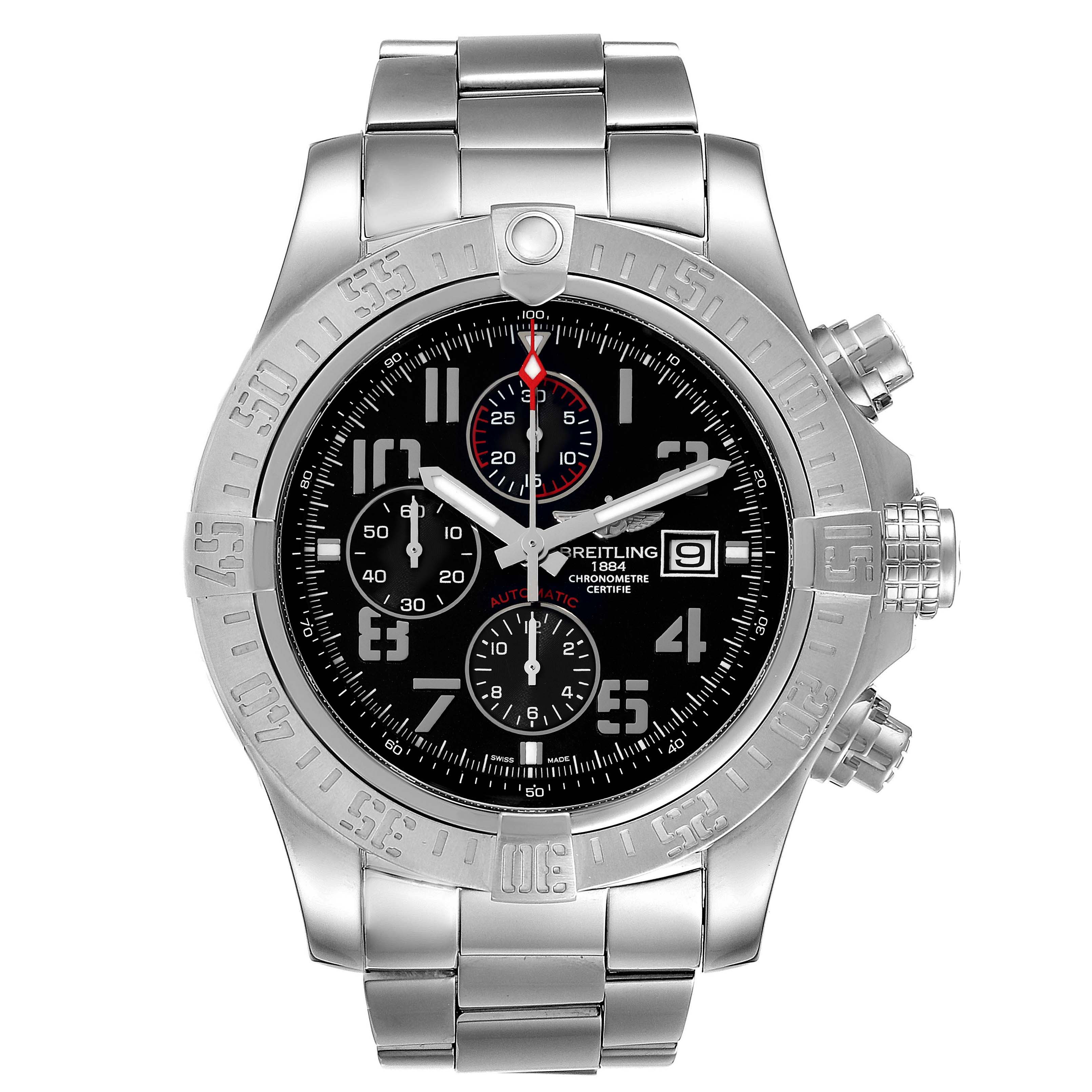 The Breitling Avenger A13371 Men's Stainless Steel Black Dial A13371 Men's Stainless Steel Black Dial watch is shown from the front, highlighting the dial, bezel, and stainless steel bracelet.
