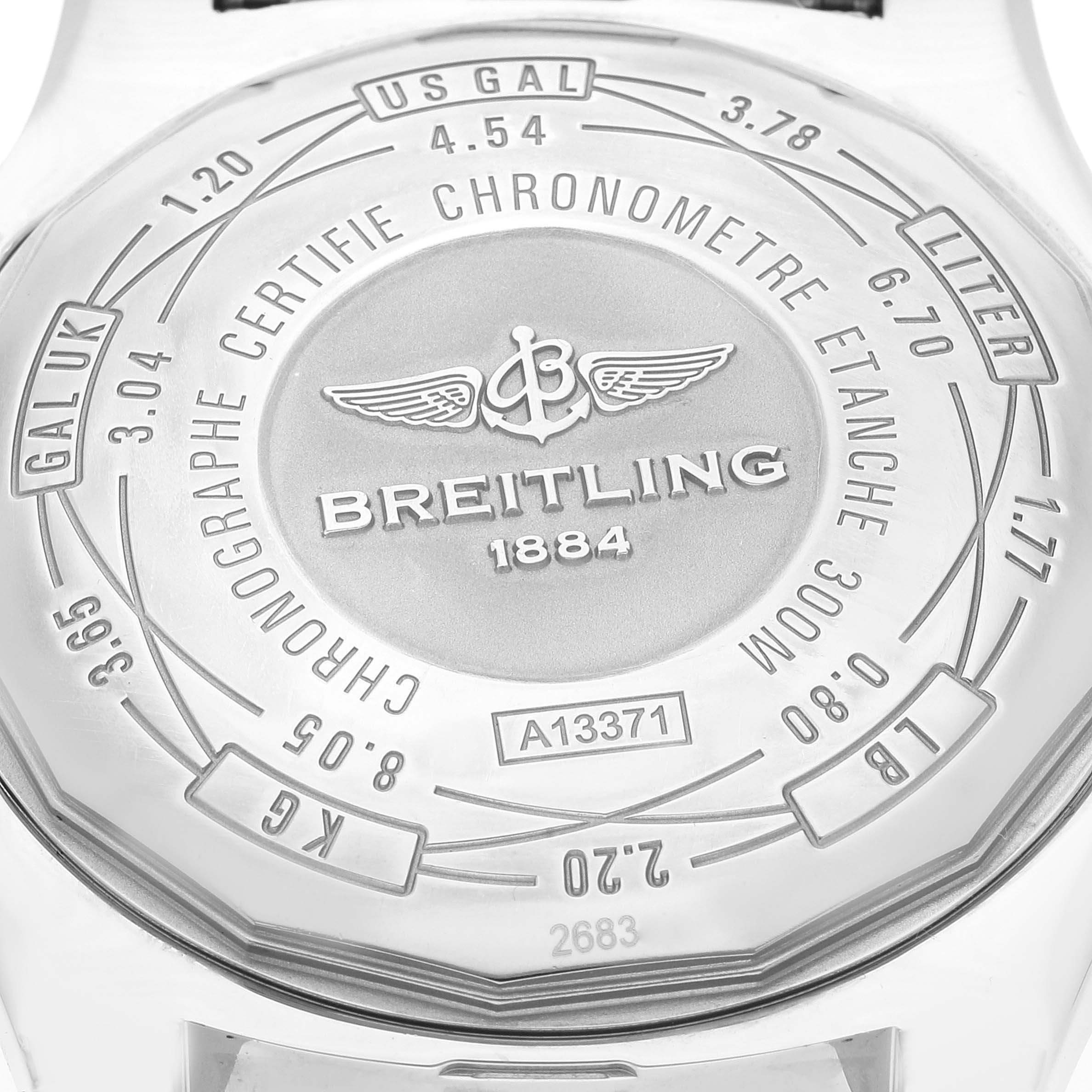 The image shows the back case of the Breitling Avenger A13371 Men's Stainless Steel Black Dial A13371 Men's Stainless Steel Black Dial model watch, featuring engravings and brand details.