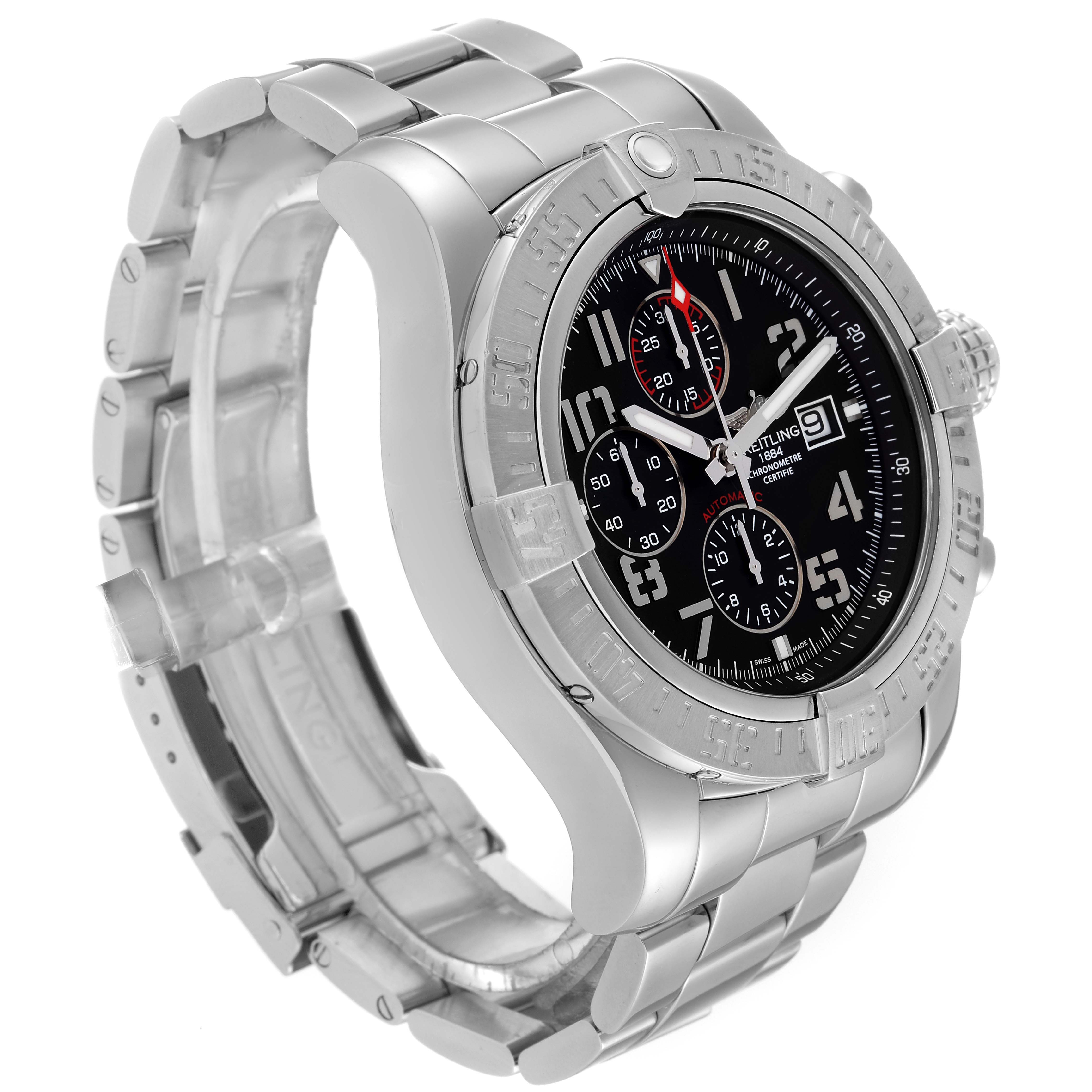 The image shows a Breitling Avenger A13371 Men's Stainless Steel Black Dial A13371 Men's Stainless Steel Black Dial watch at a three-quarter angle, highlighting its bracelet, bezel, and dial.