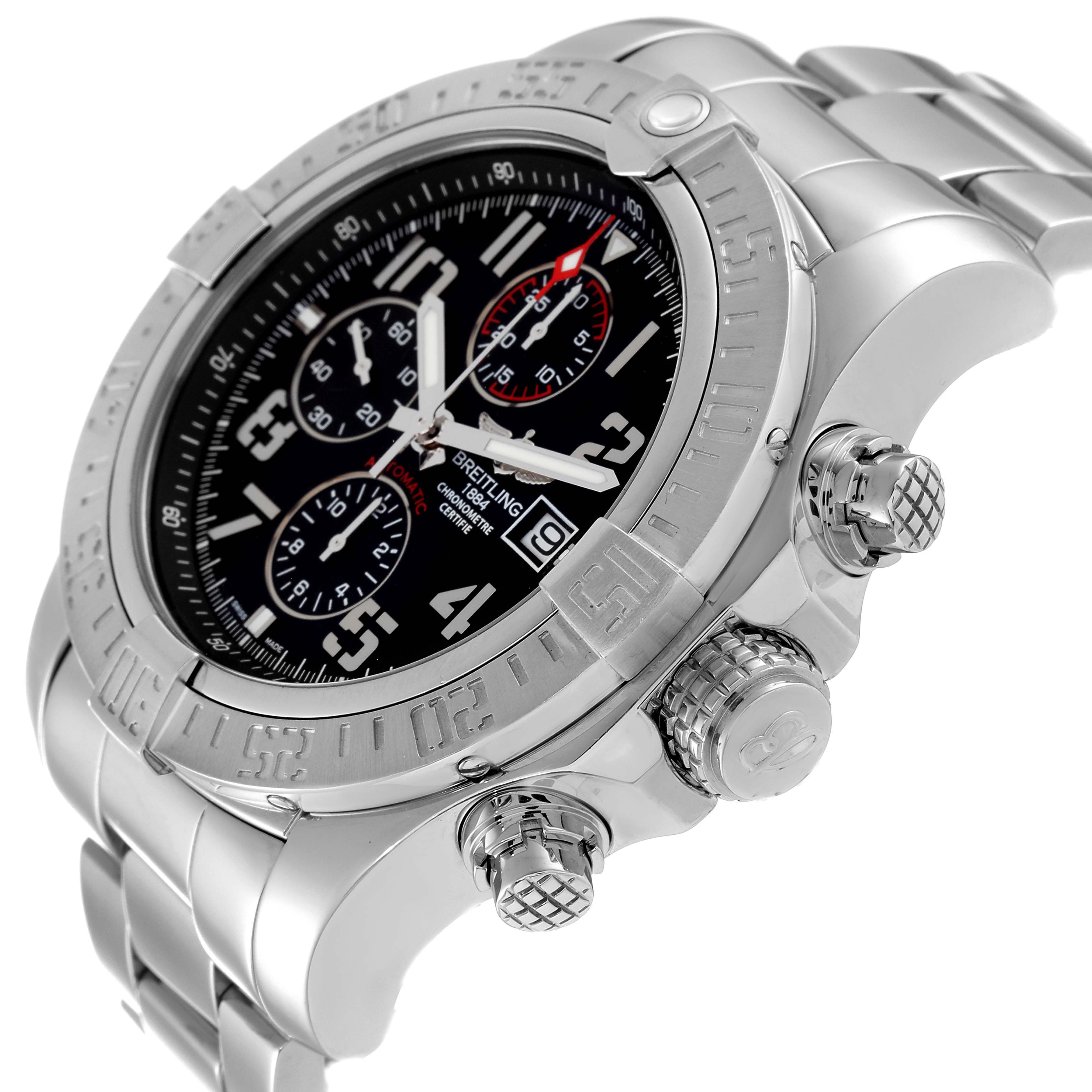This image shows a side angle of a Breitling Avenger A13371 Men's Stainless Steel Black Dial A13371 Men's Stainless Steel Black Dial watch, highlighting its bezel, crown, pushers, and bracelet.
