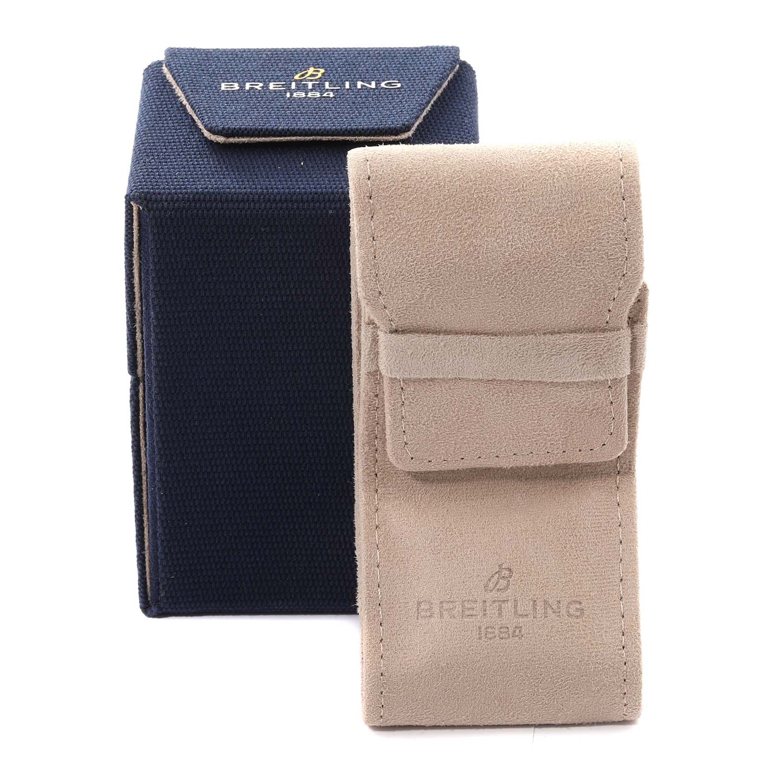 The image shows the packaging and a suede pouch for a Breitling Limited Series model watch from a front angle.