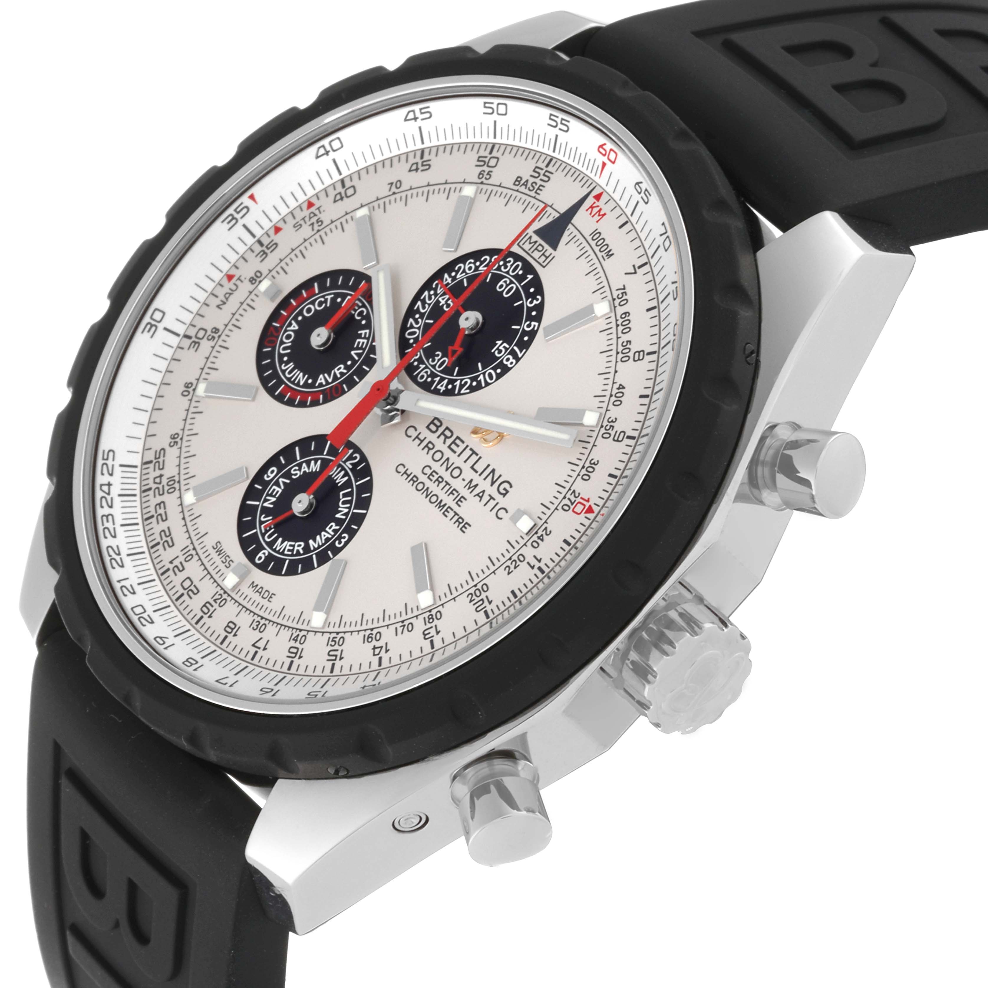 The image shows a side-angle view of the Breitling Limited Series Chrono-Matic, displaying its dial, buttons, and a black rubber strap.