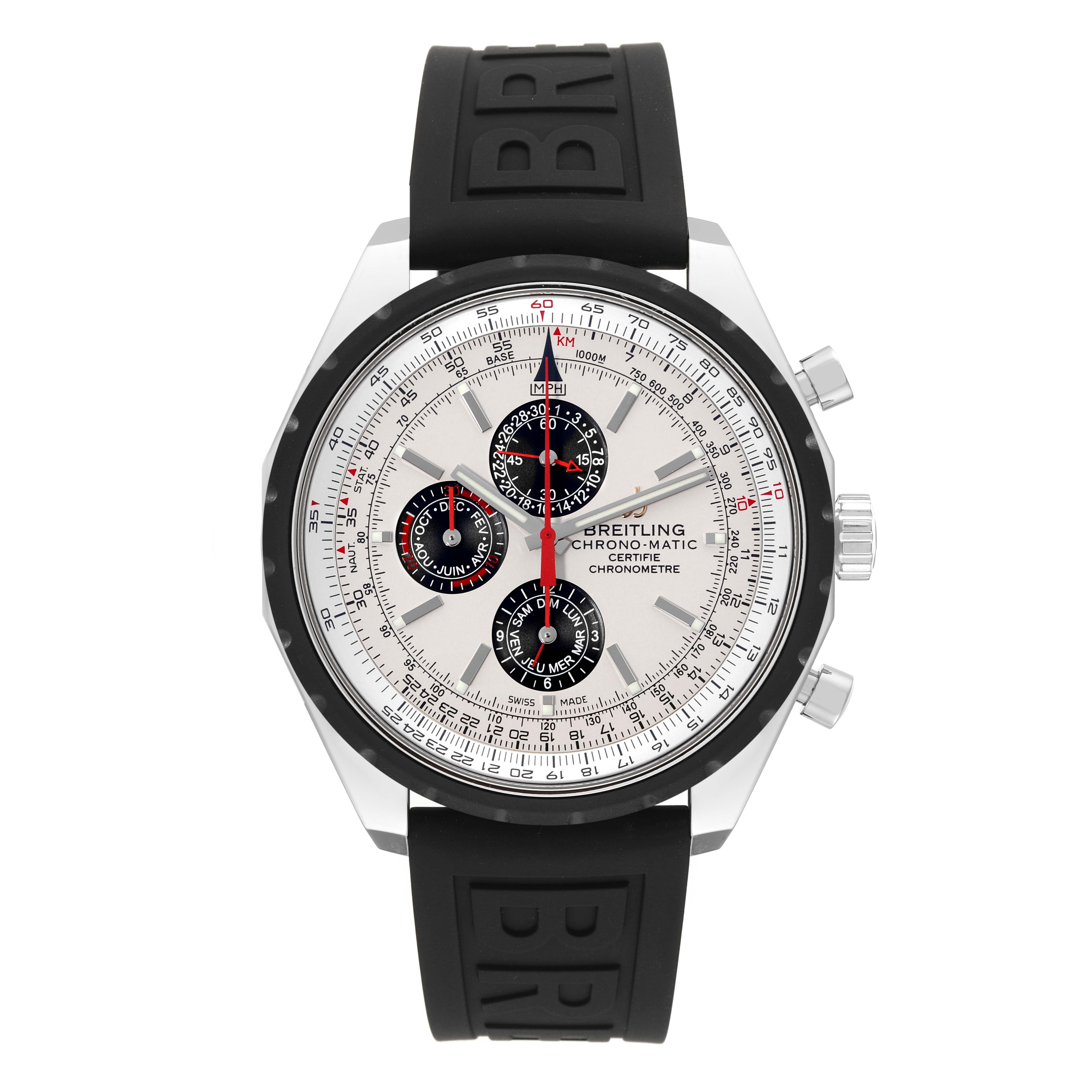 This image shows a front view of the Breitling Chrono-Matic Limited Series watch with a black rubber strap.