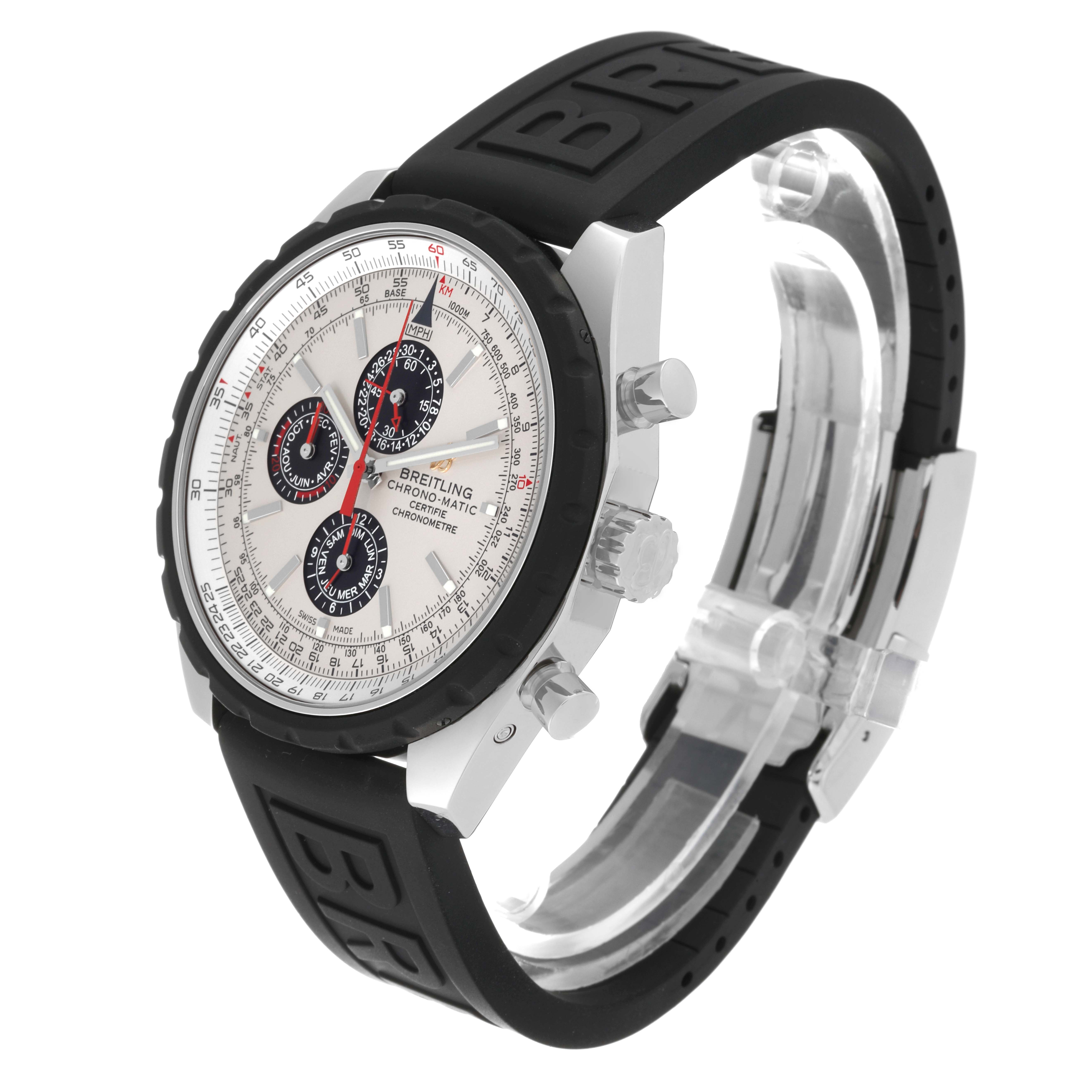 The Breitling Limited Series model watch is shown at a slight side angle, displaying the bezel, dial, crown, and rubber strap.