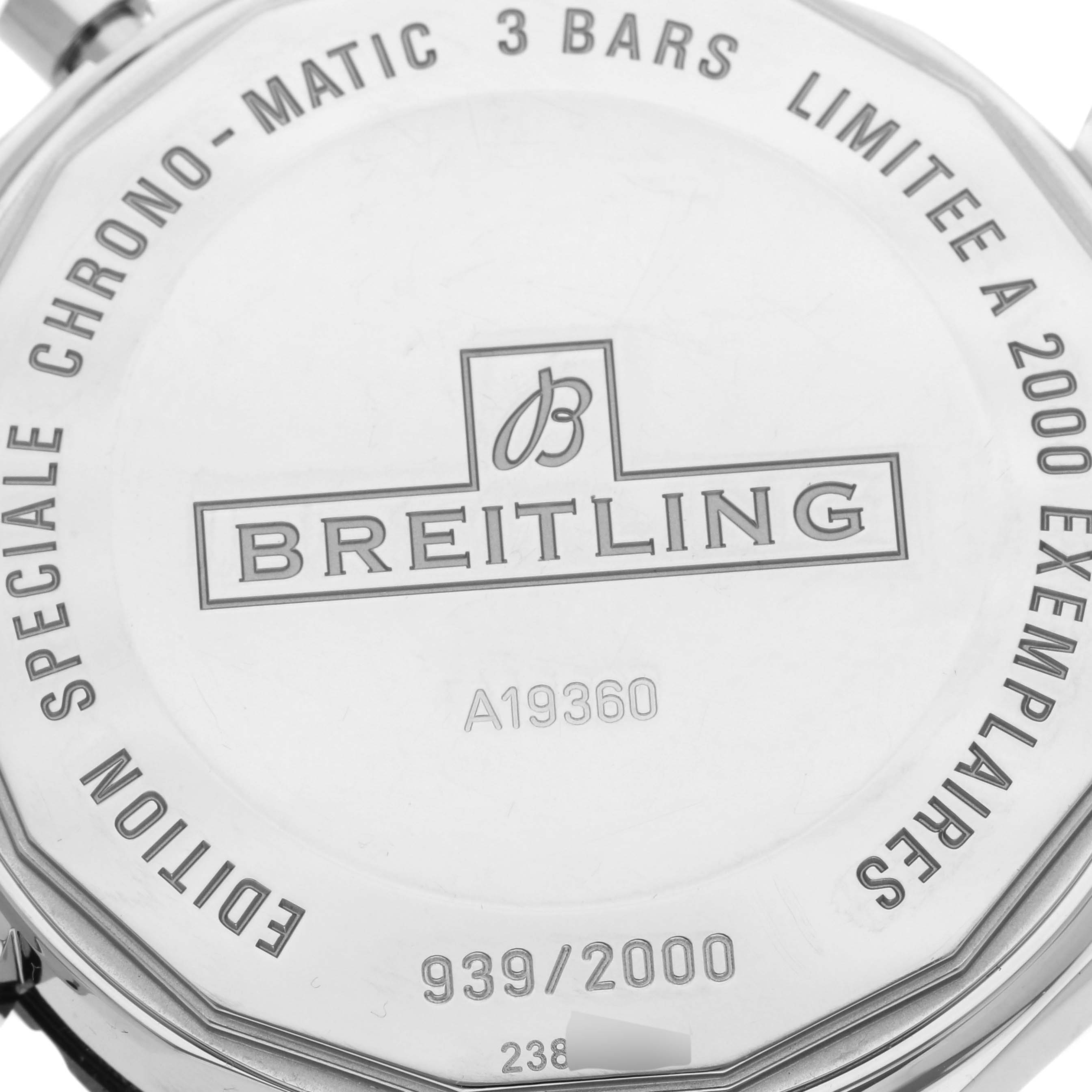 The image shows the back of a Limited Series Breitling Chrono-Matic watch, displaying its branding and edition details.