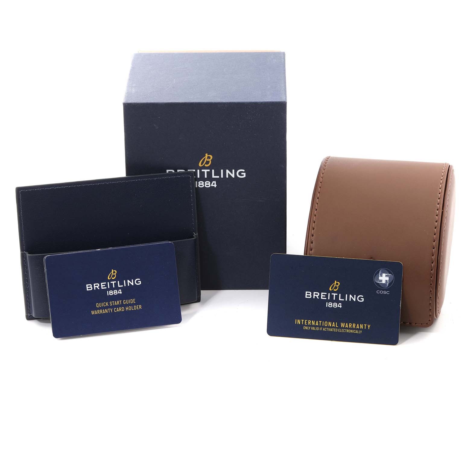This image shows the packaging and accessories for a Breitling Chronomat UB0134 Men's Steel and Gold (two tone) Grey Dial UB0134 Men's Steel and Gold (two tone) Grey Dial, including the box, warranty cards, holder, and travel case.