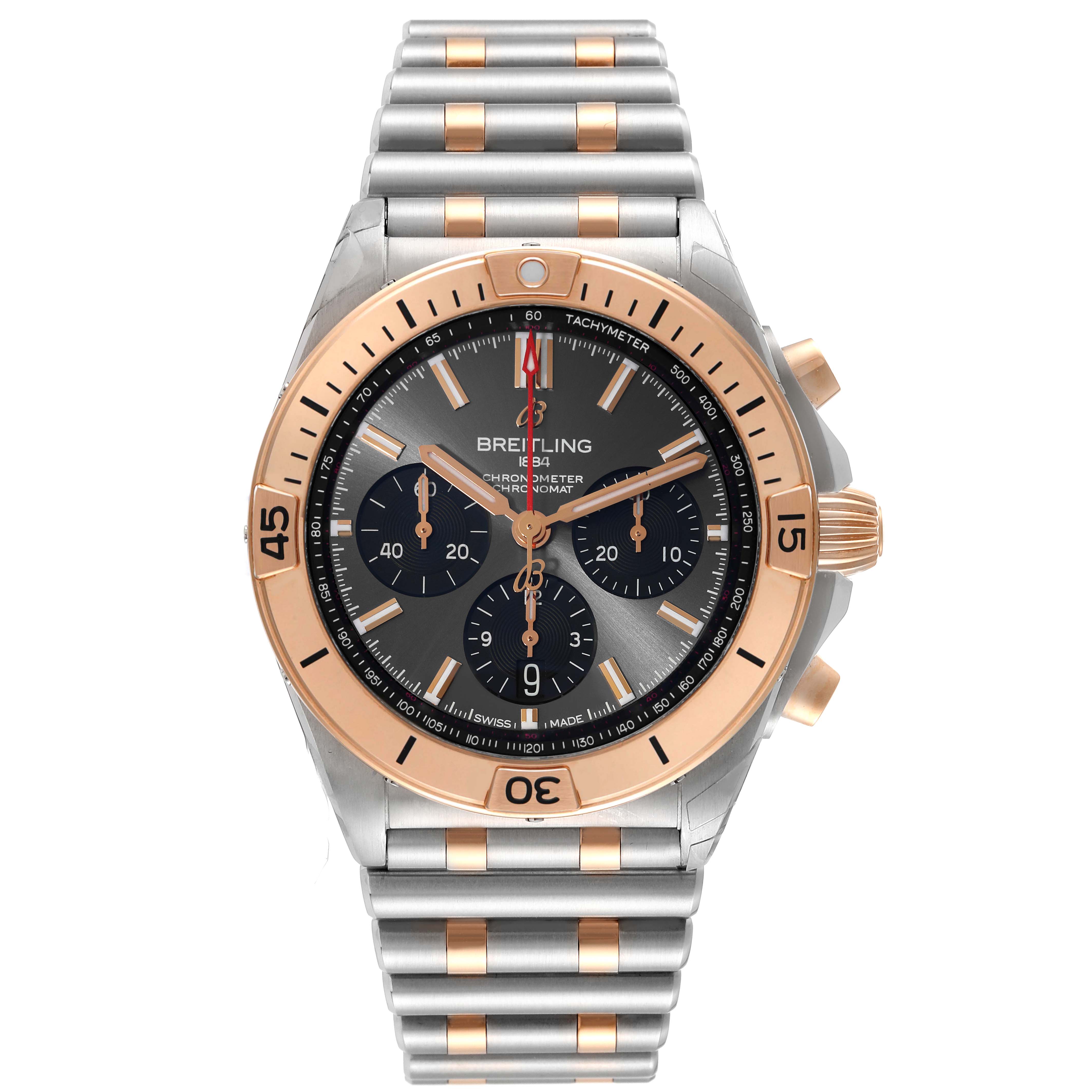 The image shows a front view of a Breitling Chronomat UB0134 Men's Steel and Gold (two tone) Grey Dial UB0134 Men's Steel and Gold (two tone) Grey Dial watch, displaying its bezel, dial, sub-dials, and bracelet.
