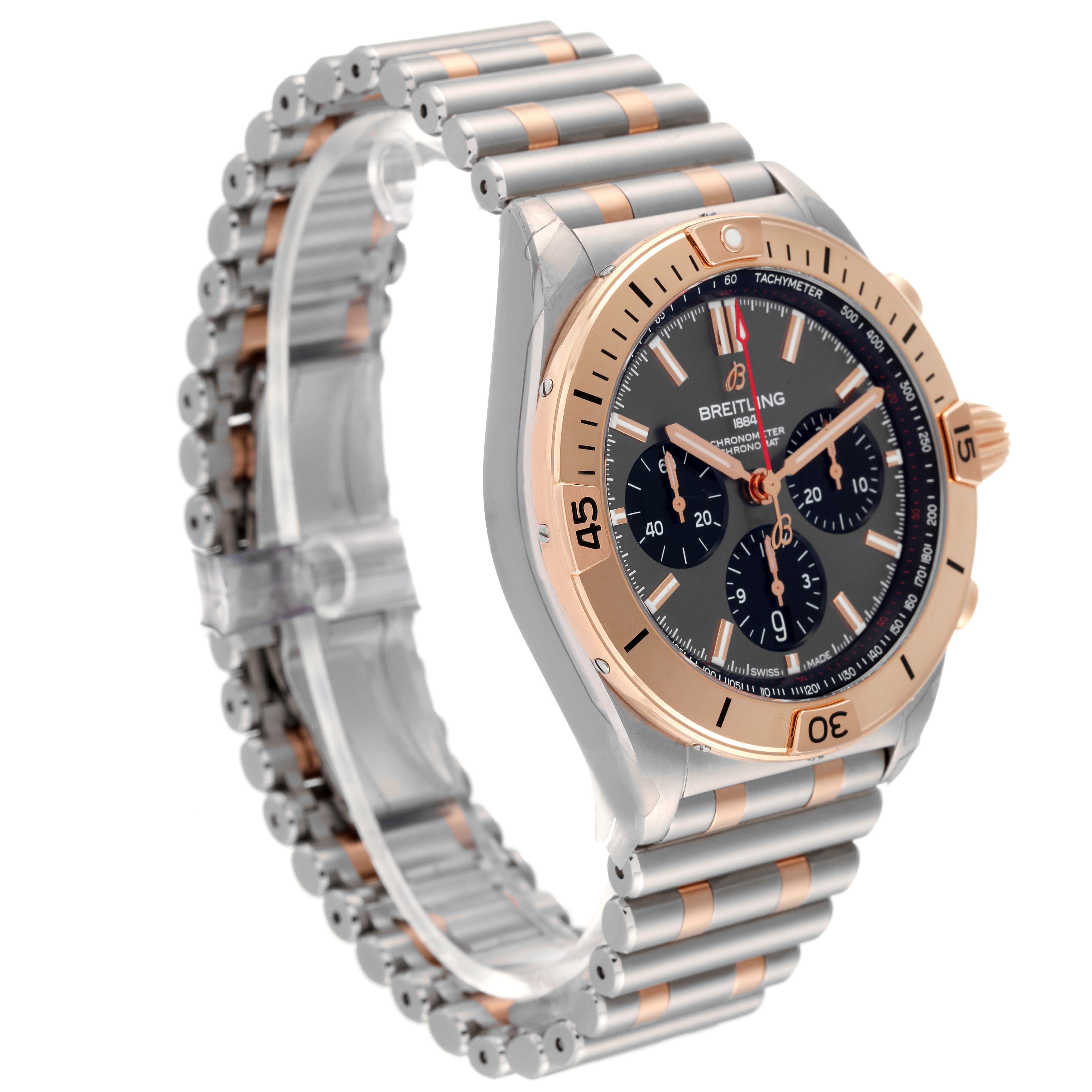 This Breitling Chronomat UB0134 Men's Steel and Gold (two tone) Grey Dial UB0134 Men's Steel and Gold (two tone) Grey Dial watch is shown at a 3/4 angle, highlighting the face, bezel, and bracelet.