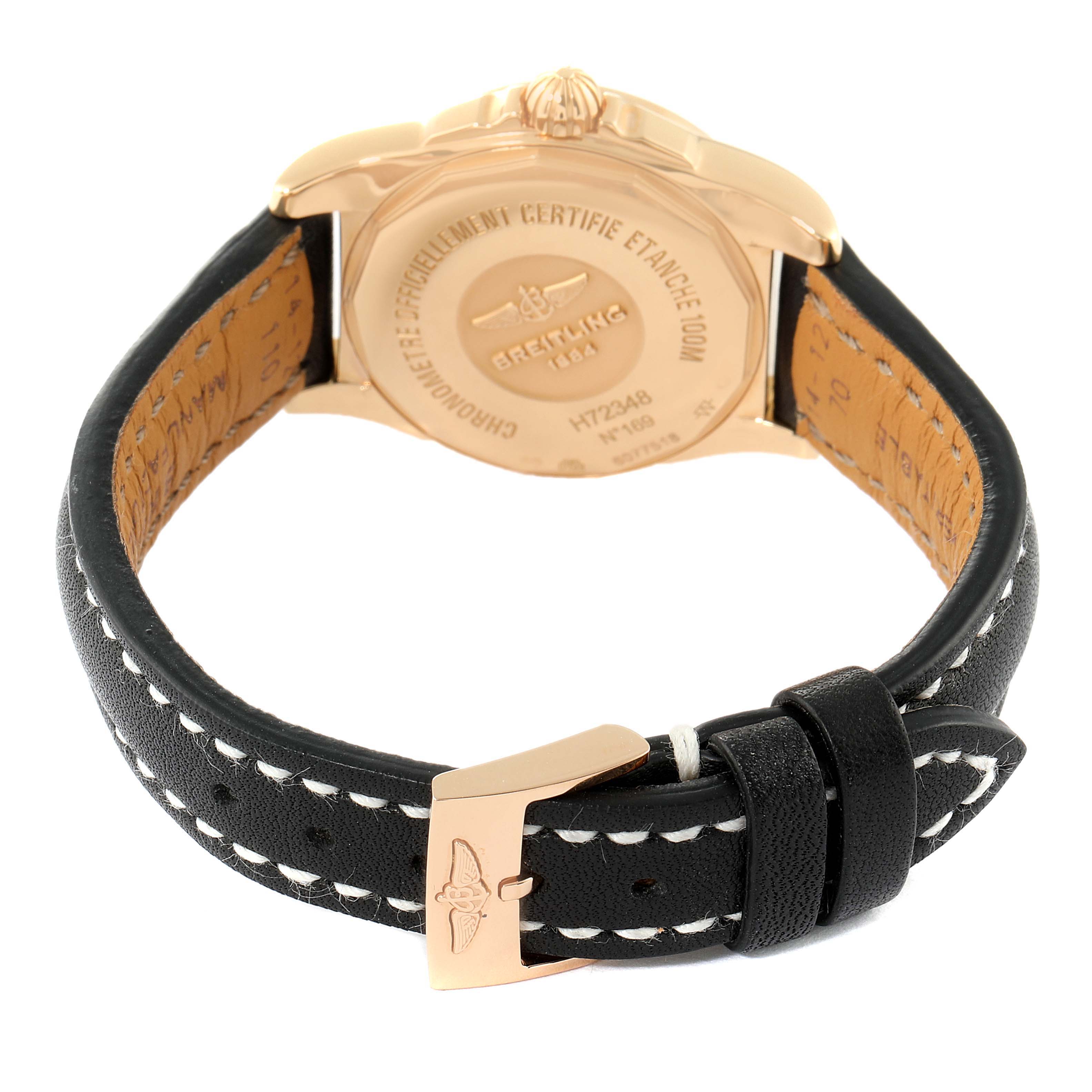 This image shows the back and strap of the Breitling H72348 Women's Rose Gold Black Dial H72348 Women's Rose Gold Black Dial Galactic 29 18k Rose Gold Diamond Dial Ladies Watch H72348.
