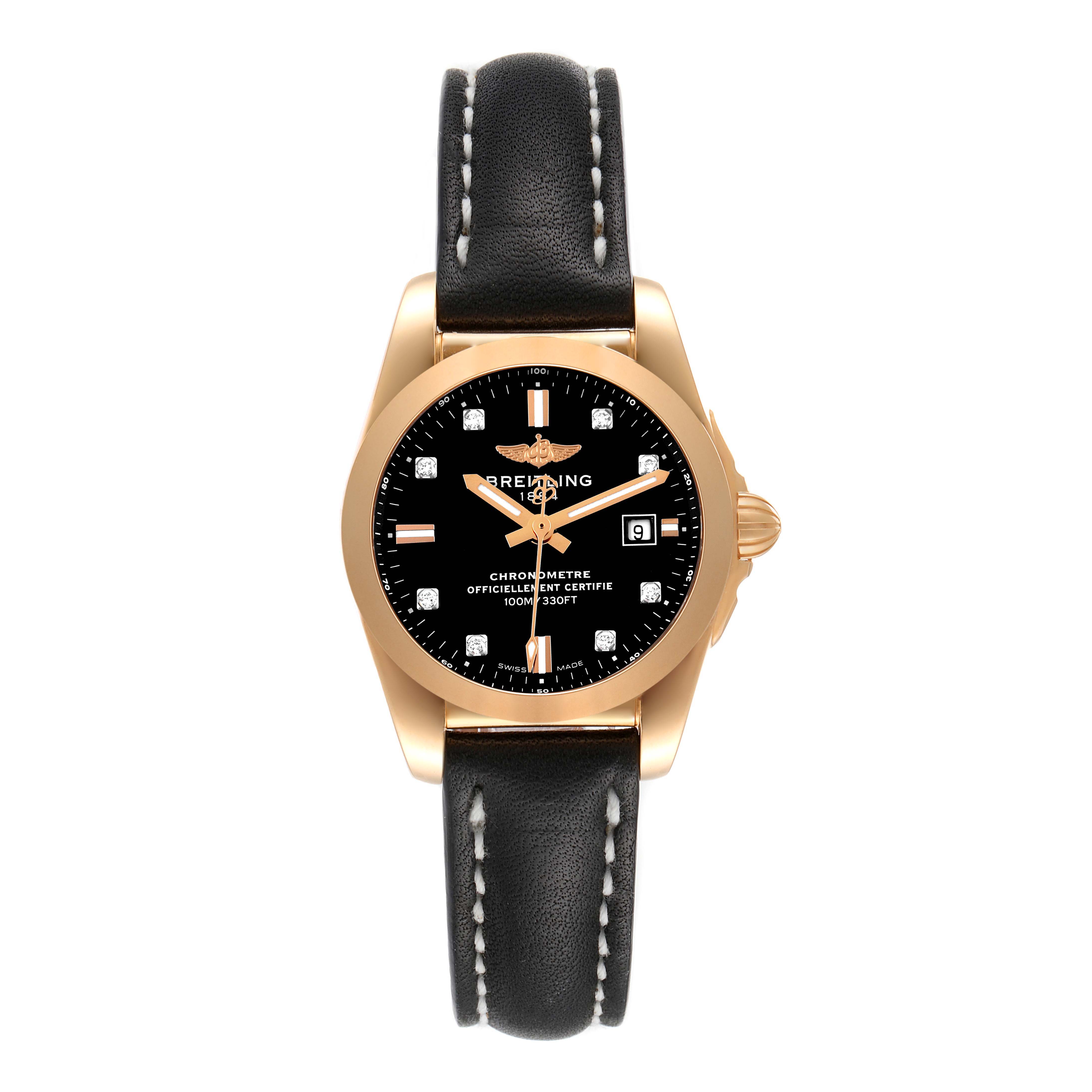 This image shows a front view of the Breitling H72348 Women's Rose Gold Black Dial H72348 Women's Rose Gold Black Dial Galactic 29 18k Rose Gold Diamond Dial Ladies Watch H72348 with a black leather strap.