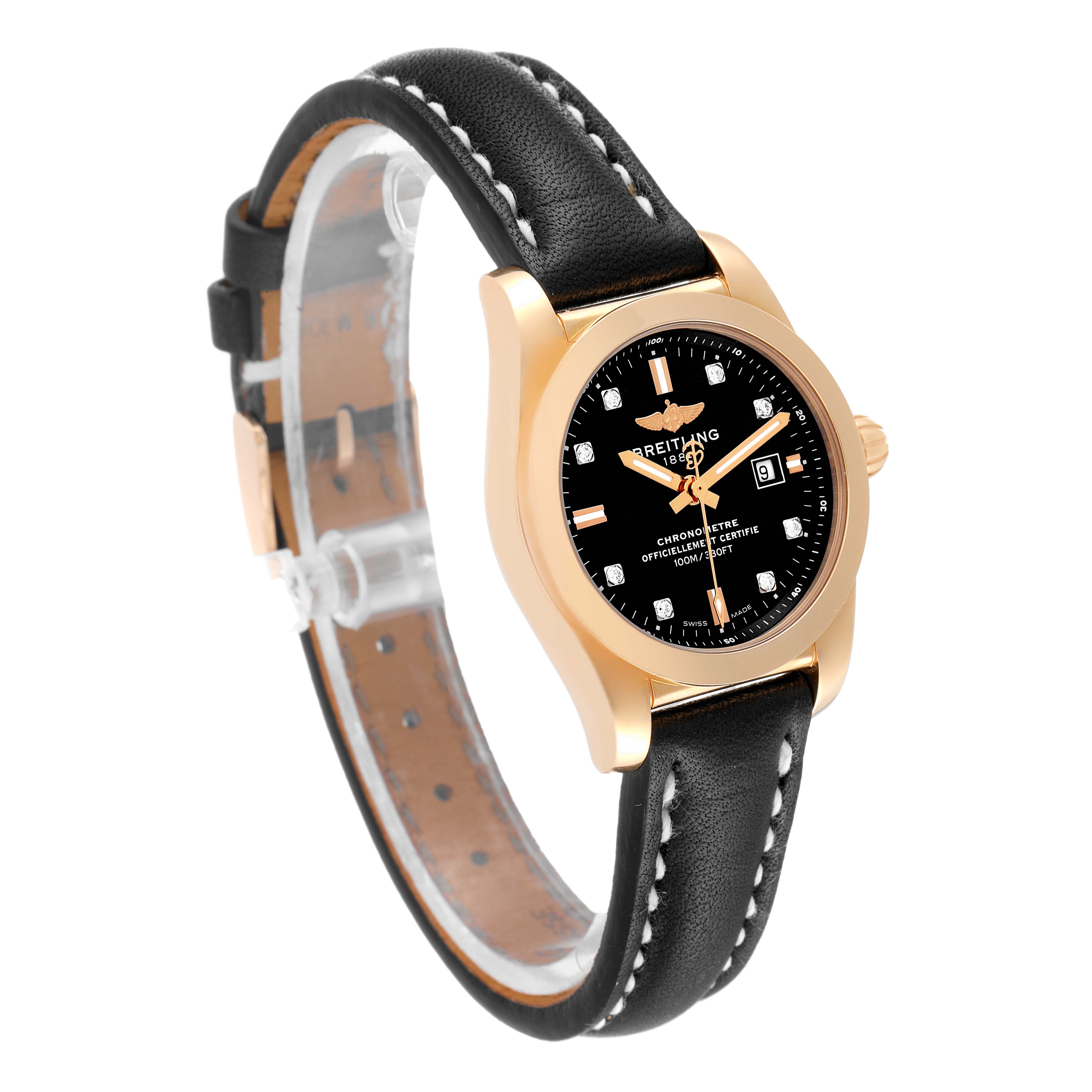 The Breitling H72348 Women's Rose Gold Black Dial H72348 Women's Rose Gold Black Dial Galactic 29 H72348 watch is shown at a three-quarter angle, highlighting its rose gold case, diamond dial, and leather strap.