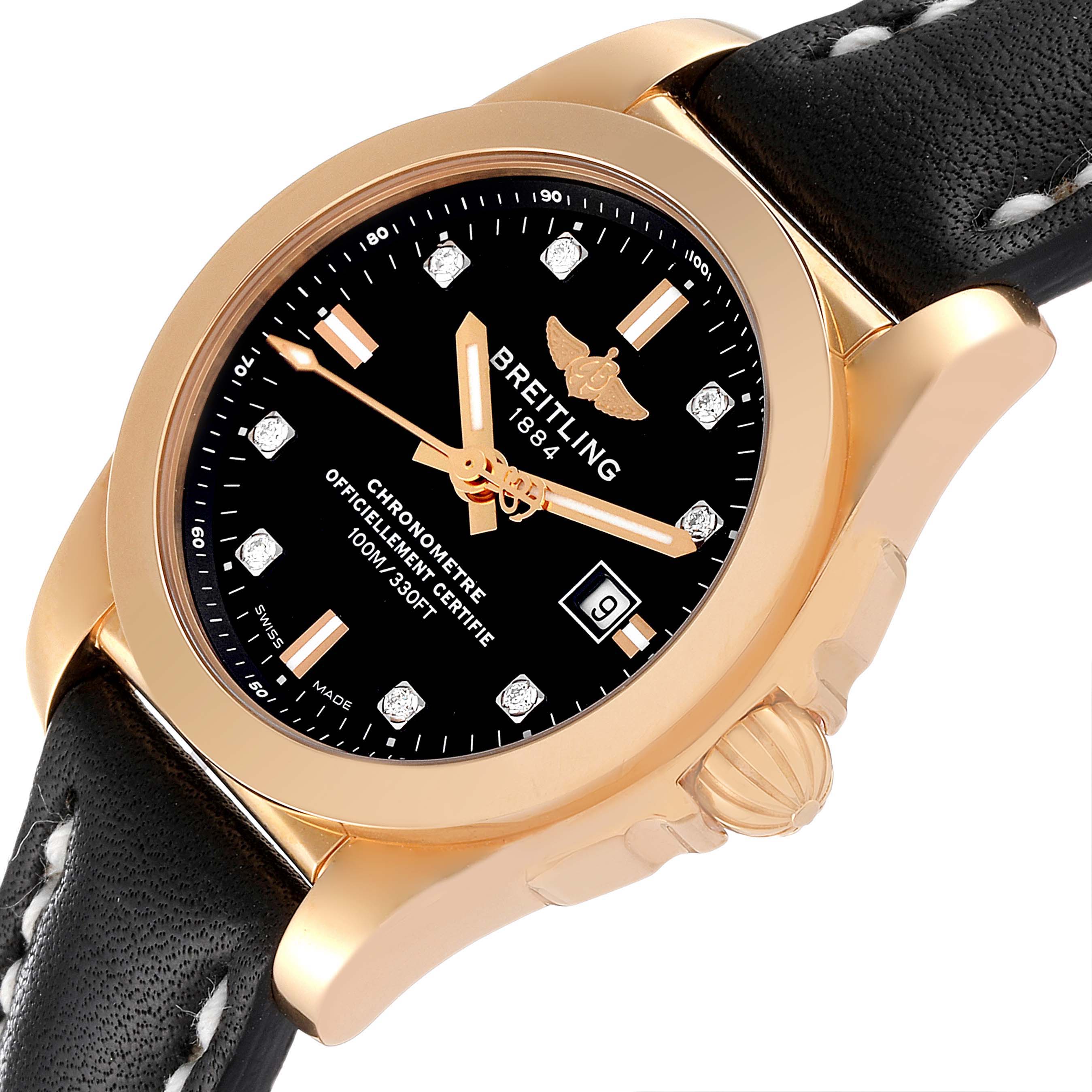 The image shows a Breitling H72348 Women's Rose Gold Black Dial H72348 Women's Rose Gold Black Dial Galactic 29 18k Rose Gold Diamond Dial Ladies Watch H72348 from a front angle, featuring the dial and part of the band.