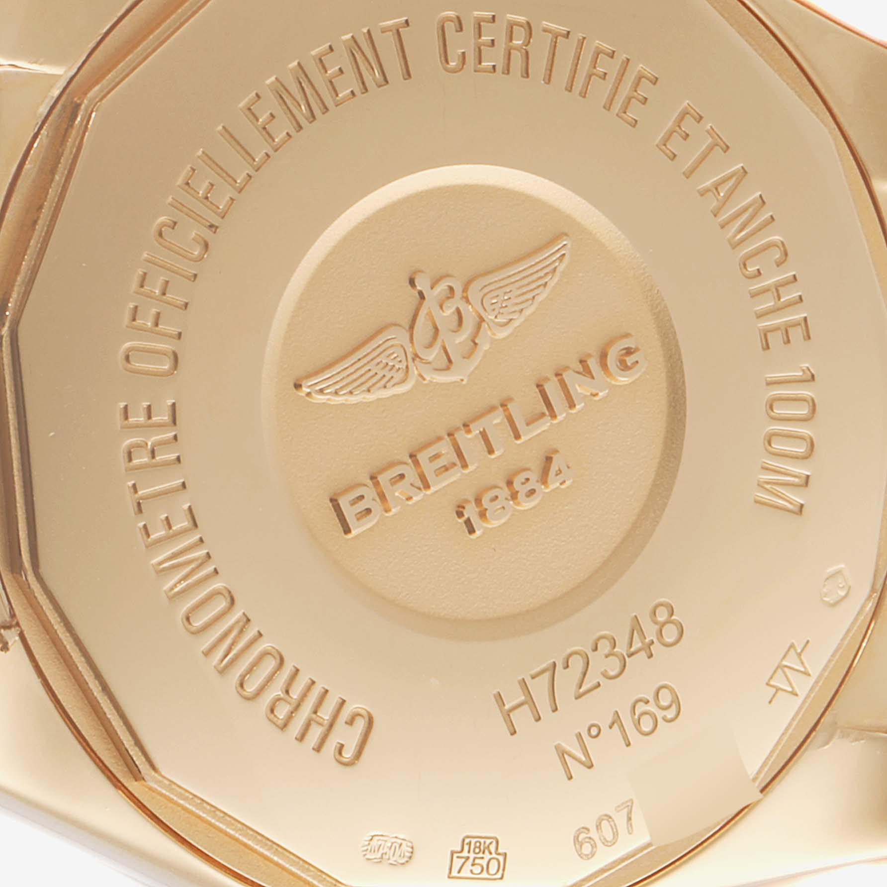 The image shows the back case of a Breitling H72348 Women's Rose Gold Black Dial H72348 Women's Rose Gold Black Dial Galactic 29 18k Rose Gold Diamond Dial Ladies Watch model H72348.