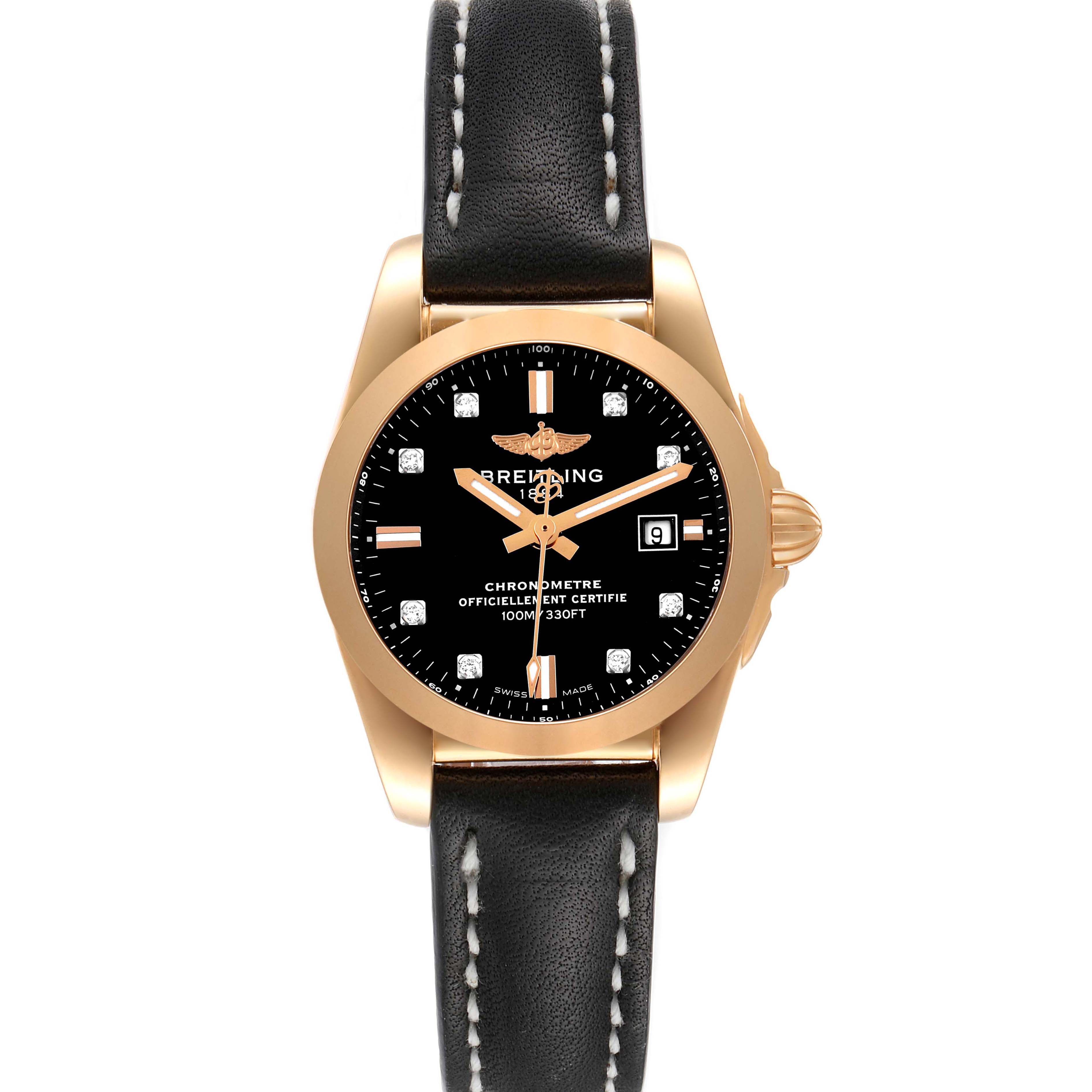 This image shows a front view of the Breitling H72348 Women's Rose Gold Black Dial H72348 Women's Rose Gold Black Dial Galactic 29 18k Rose Gold Diamond Dial Ladies Watch H72348 with a black leather strap.